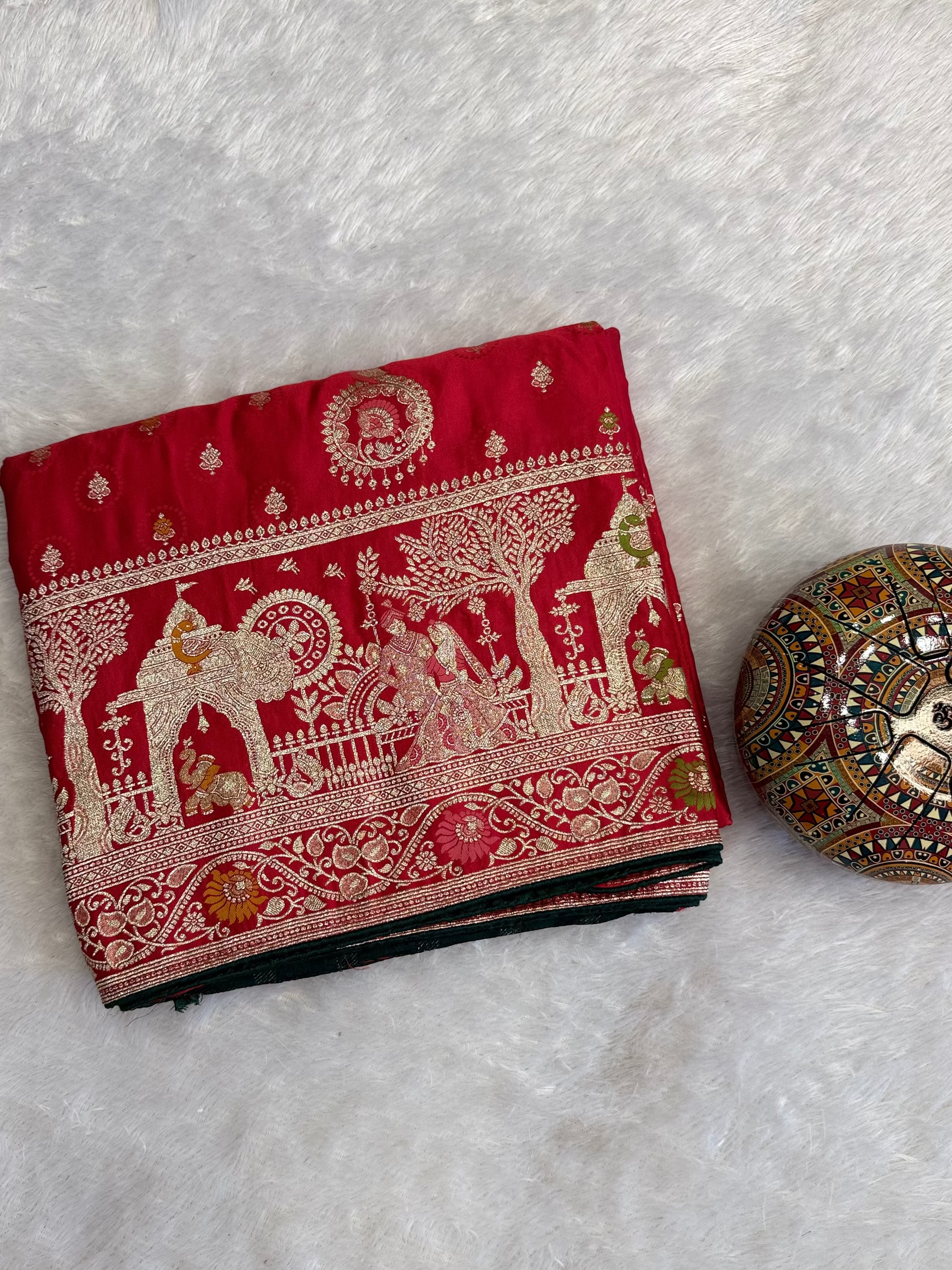 Vintage Heritage Motif Red Color Saree with Artistic Border