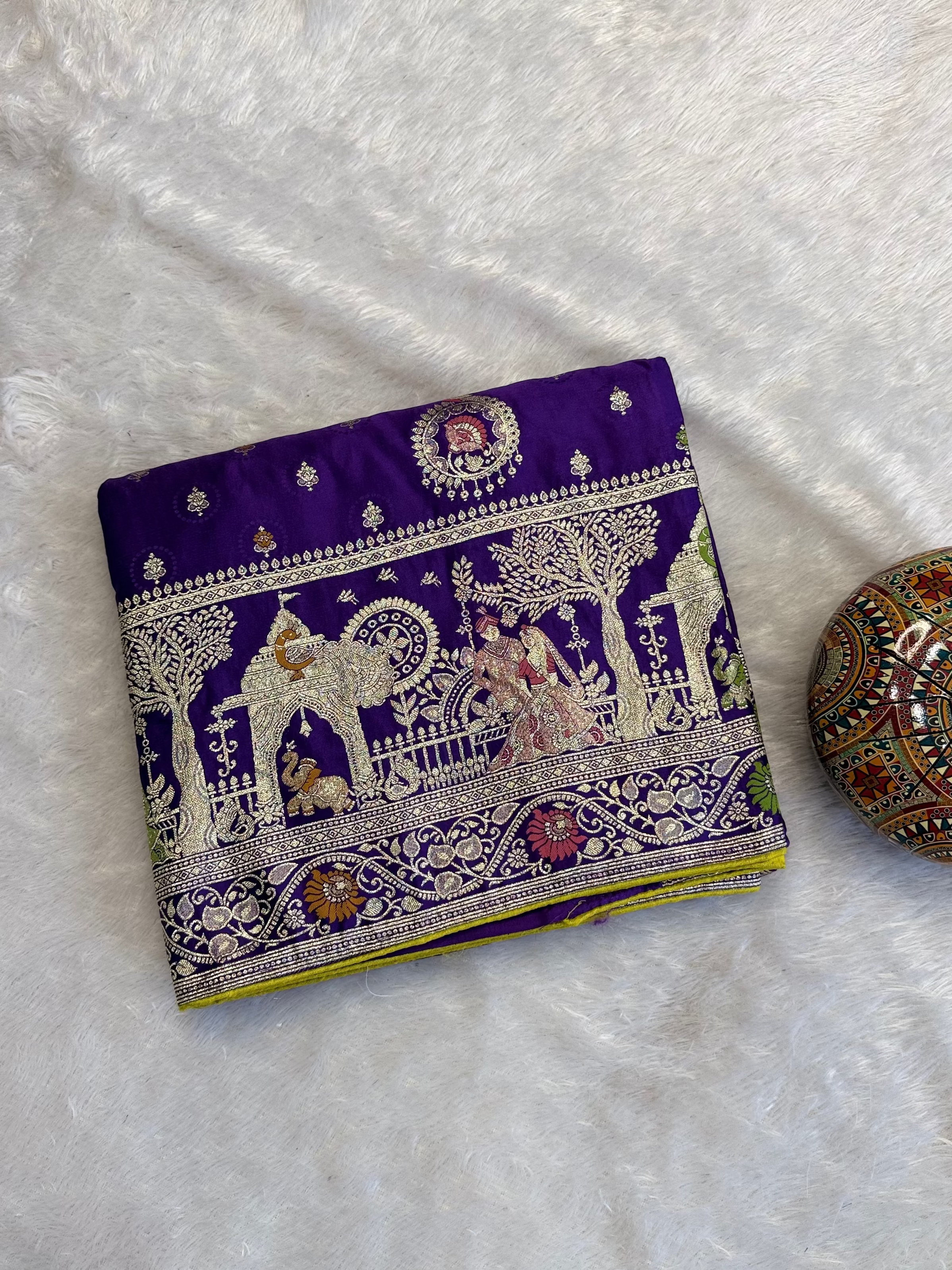 Vintage Heritage Motif Dark Purpul Color Saree with Artistic Border