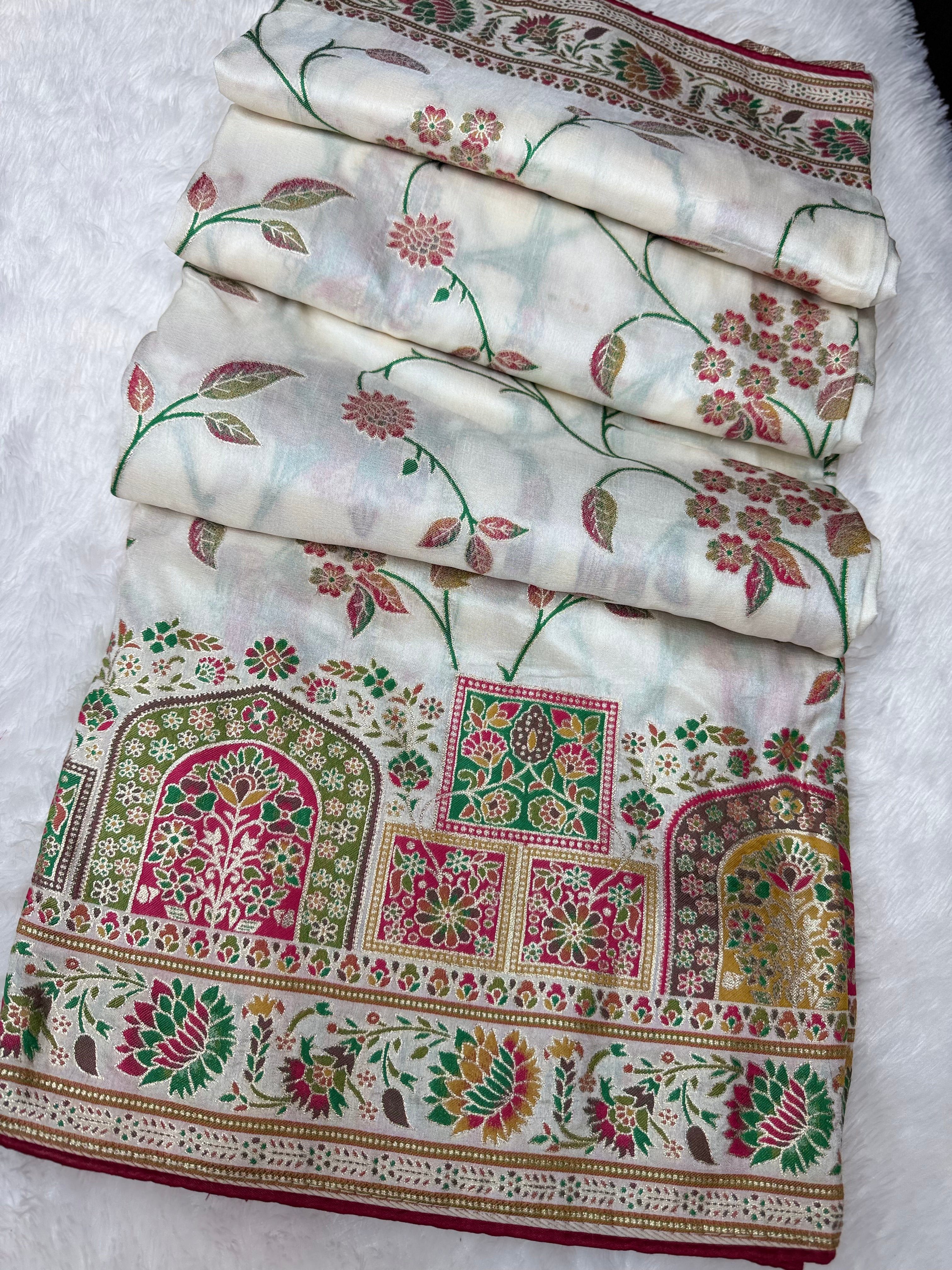 Elegant White Woven Saree with Intricate Floral Motifs & Rich Zari Border