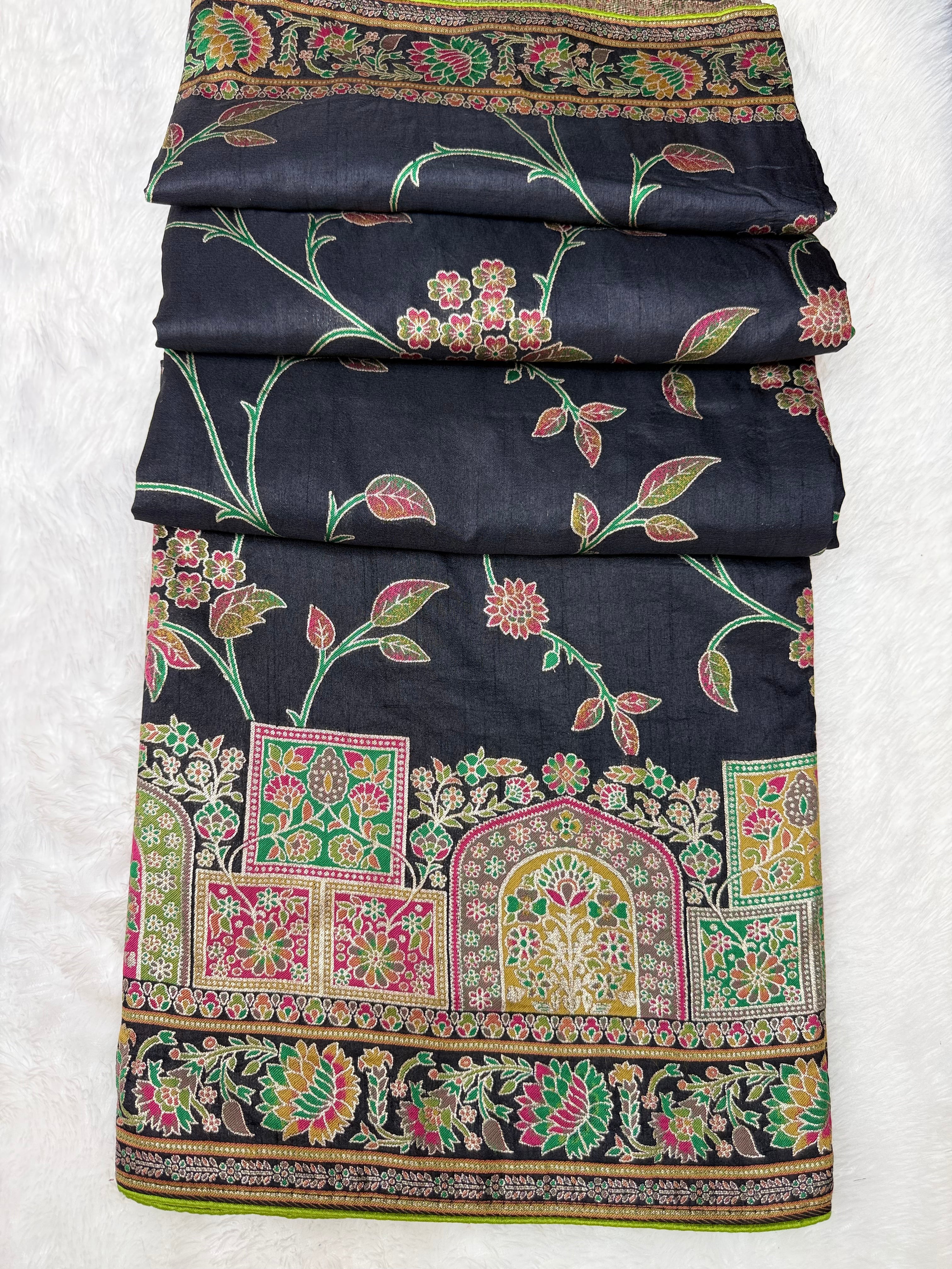 Elegant Black Woven Saree with Intricate Floral Motifs & Rich Zari Border