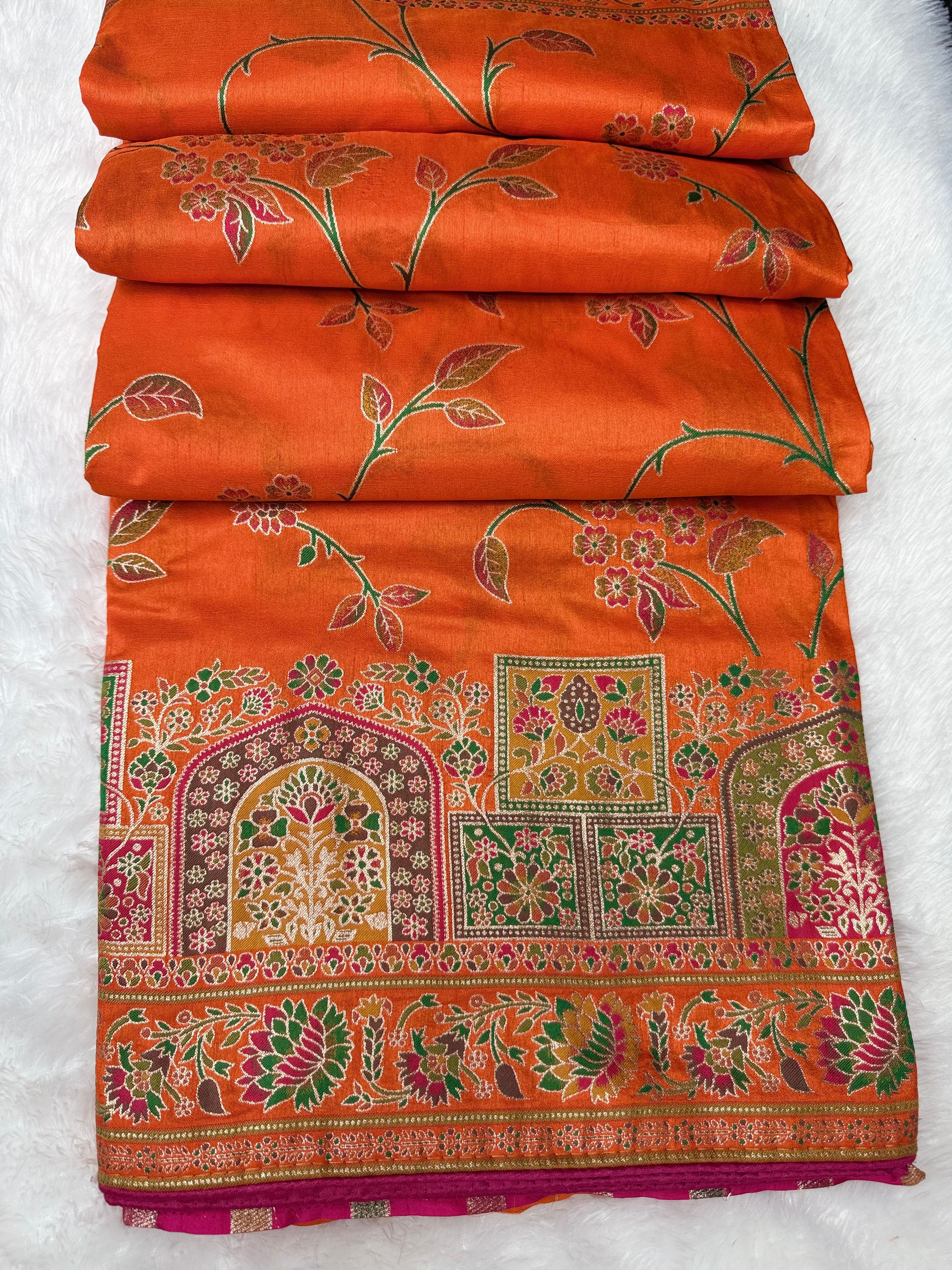Elegant Orange Woven Saree with Intricate Floral Motifs & Rich Zari Border