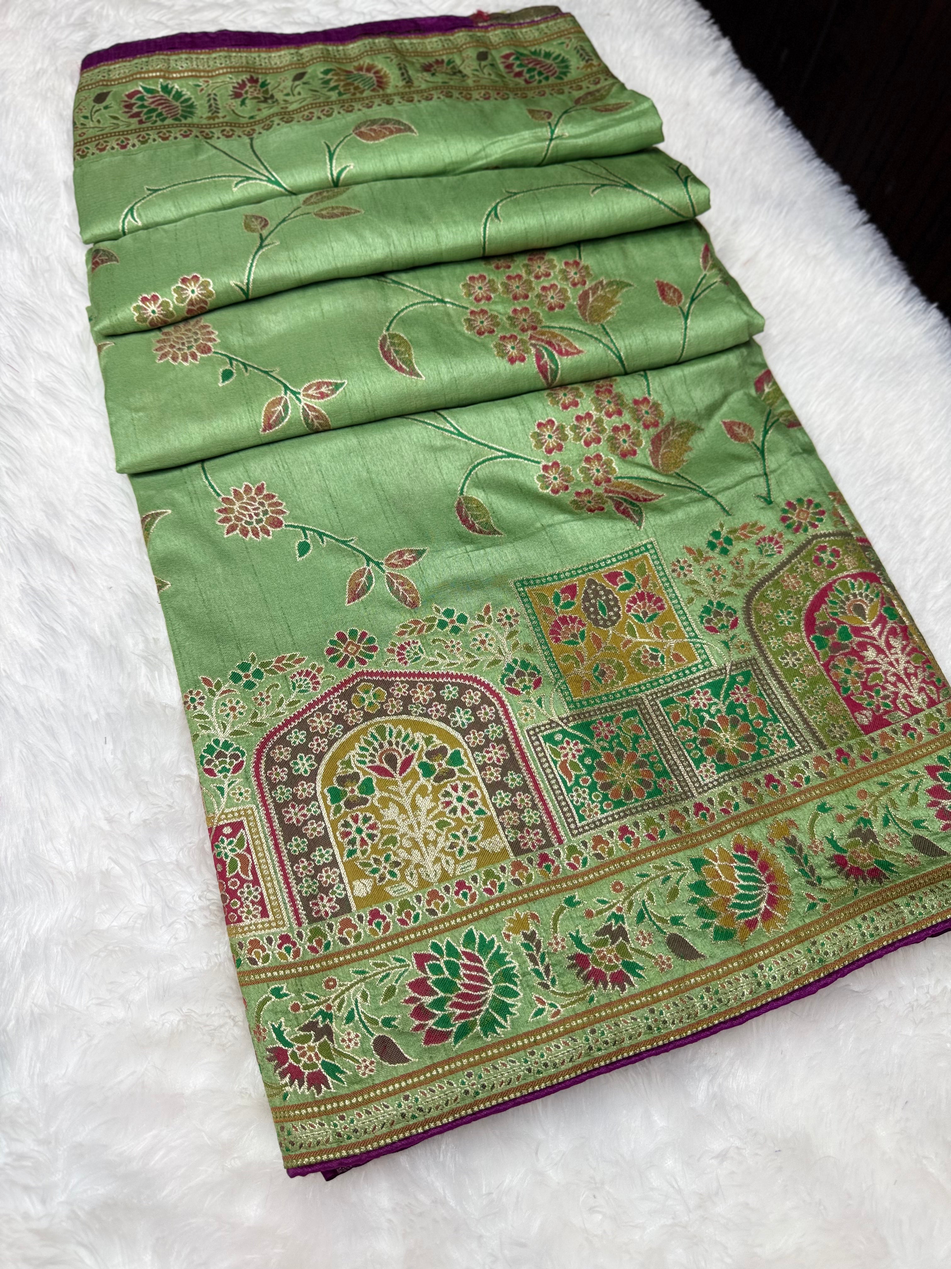 Elegant Pista Green Woven Saree with Intricate Floral Motifs & Rich Zari Border