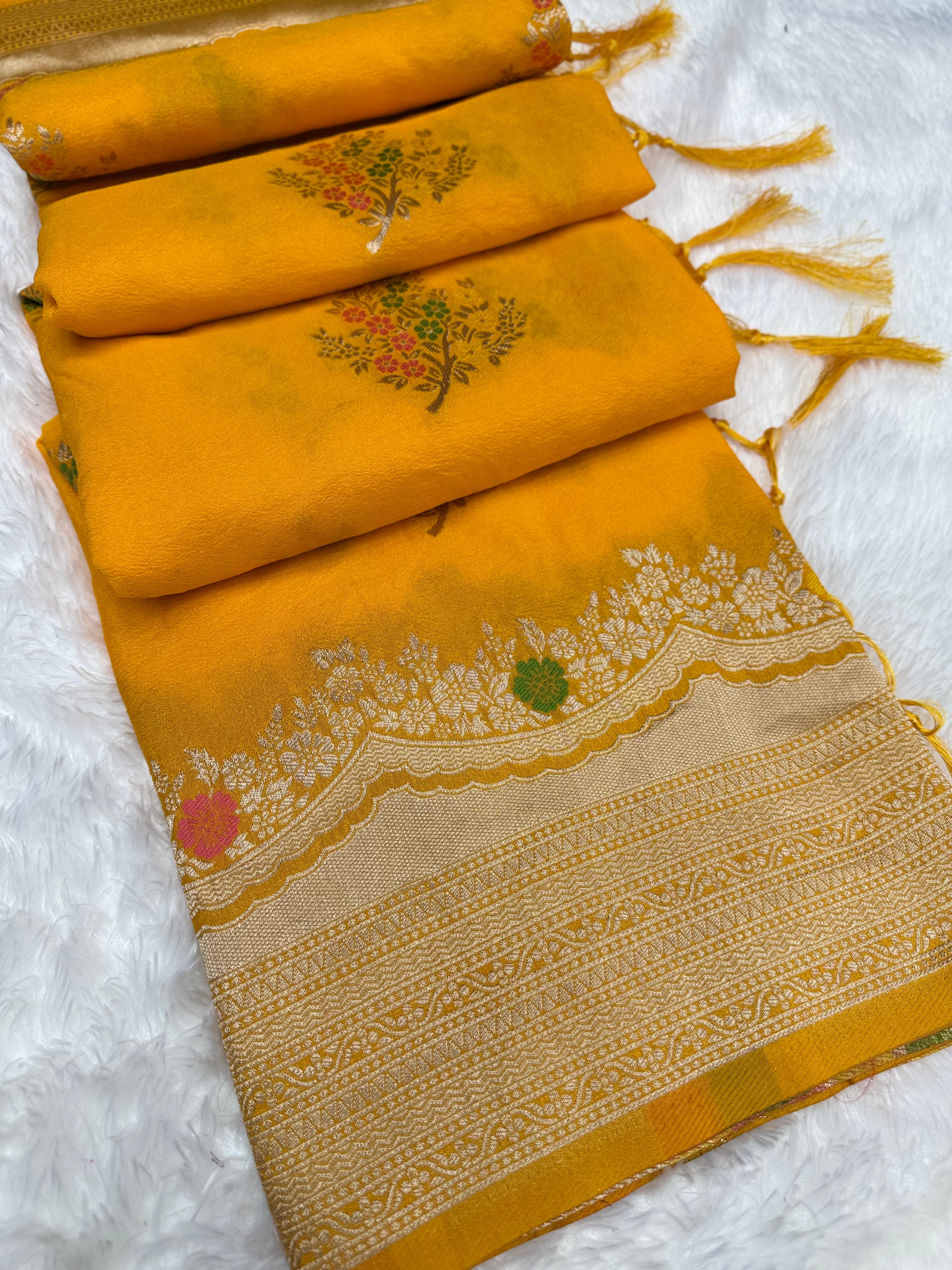 Royal Yellow Silk Saree with Multicolor Floral Meenakari Weaving & Grand Zari Border