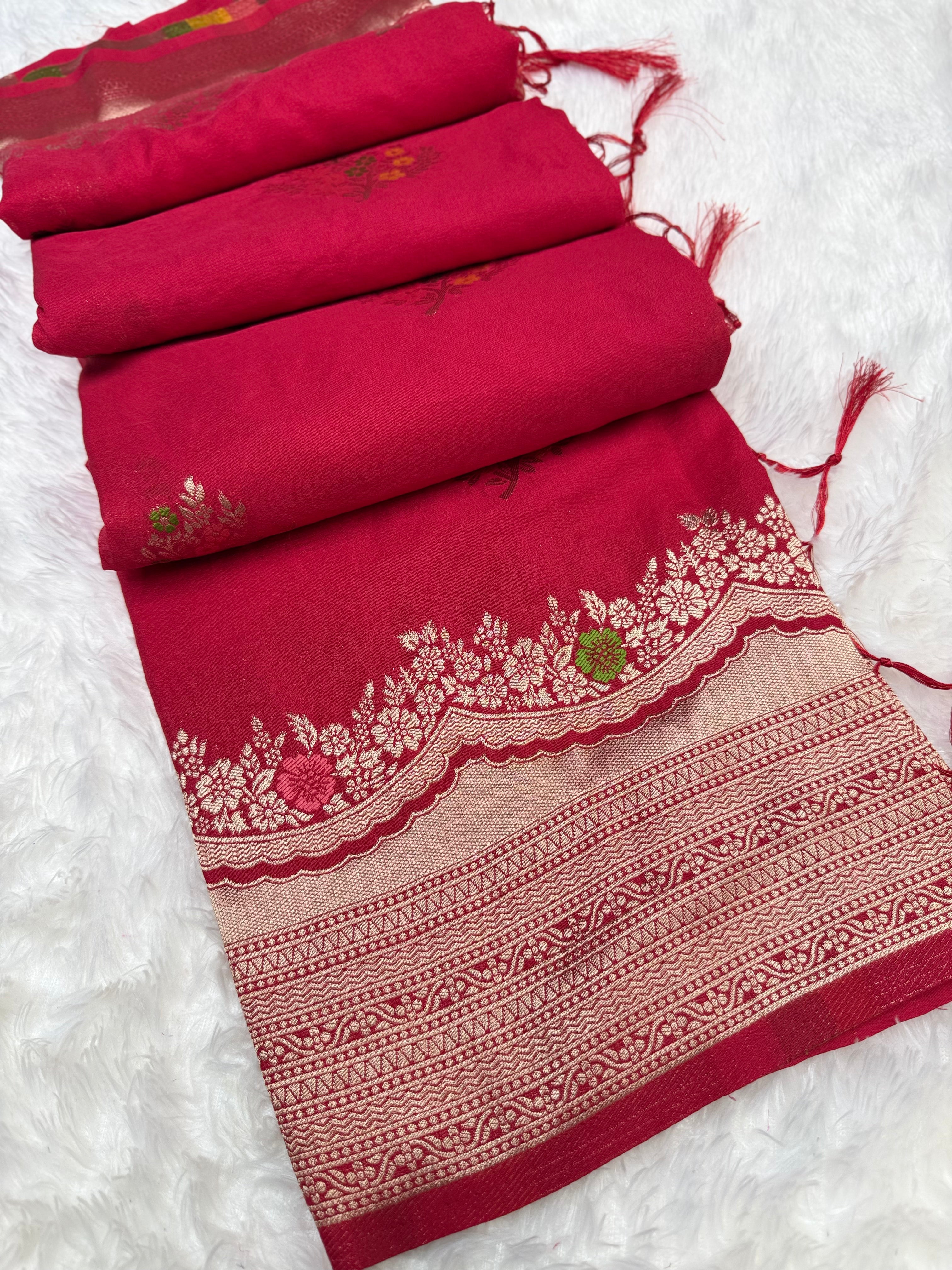Royal Red Silk Saree with Multicolor Floral Meenakari Weaving & Grand Zari Border