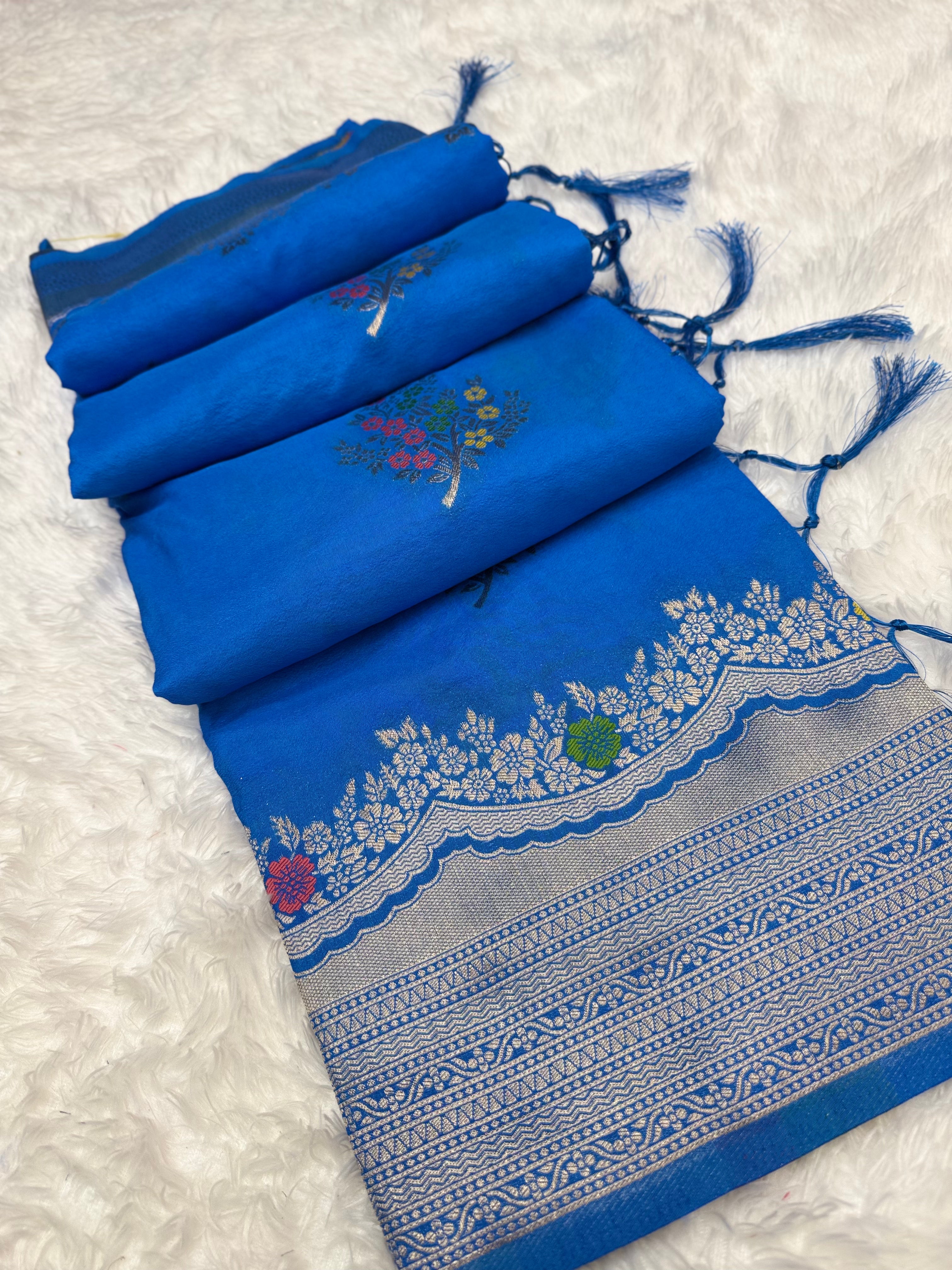Royal Blue Silk Saree with Multicolor Floral Meenakari Weaving & Grand Zari Border