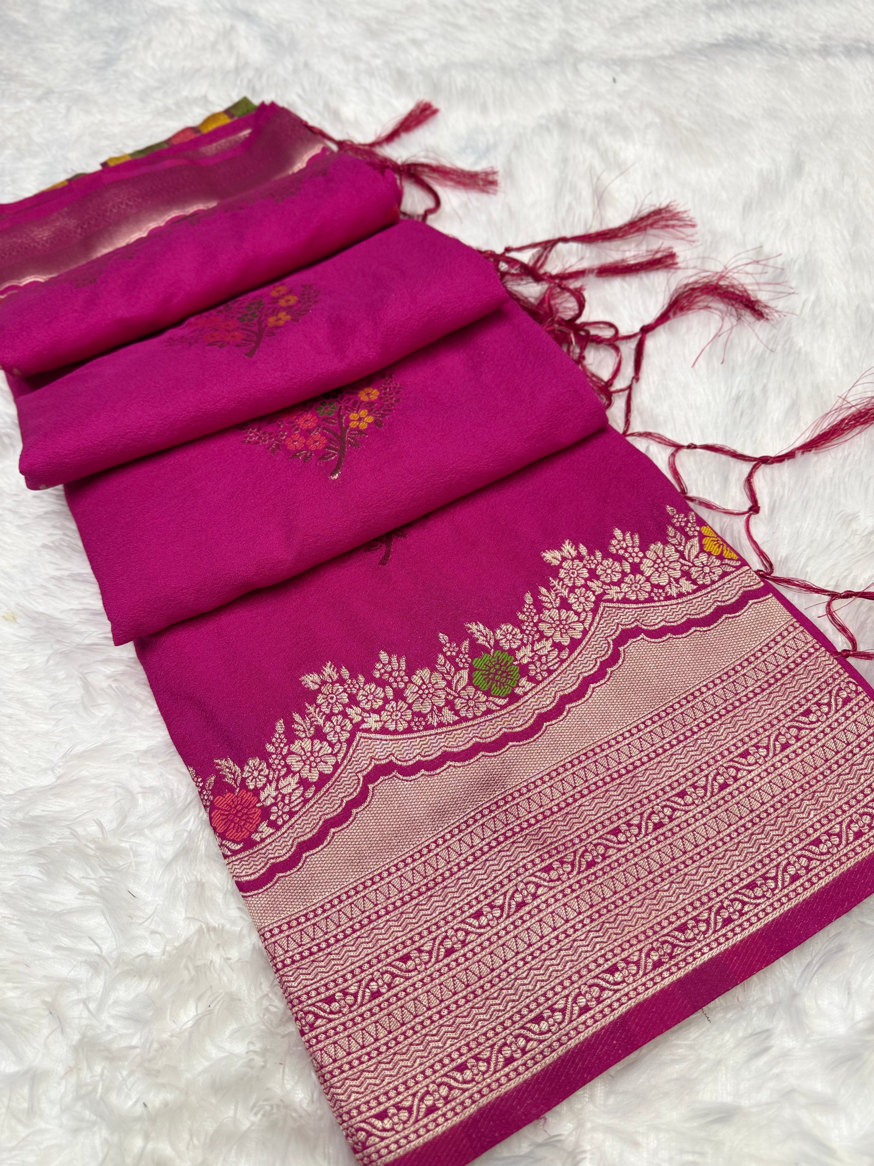 Royal Rani Pink Silk Saree with Multicolor Floral Meenakari Weaving & Grand Zari Border