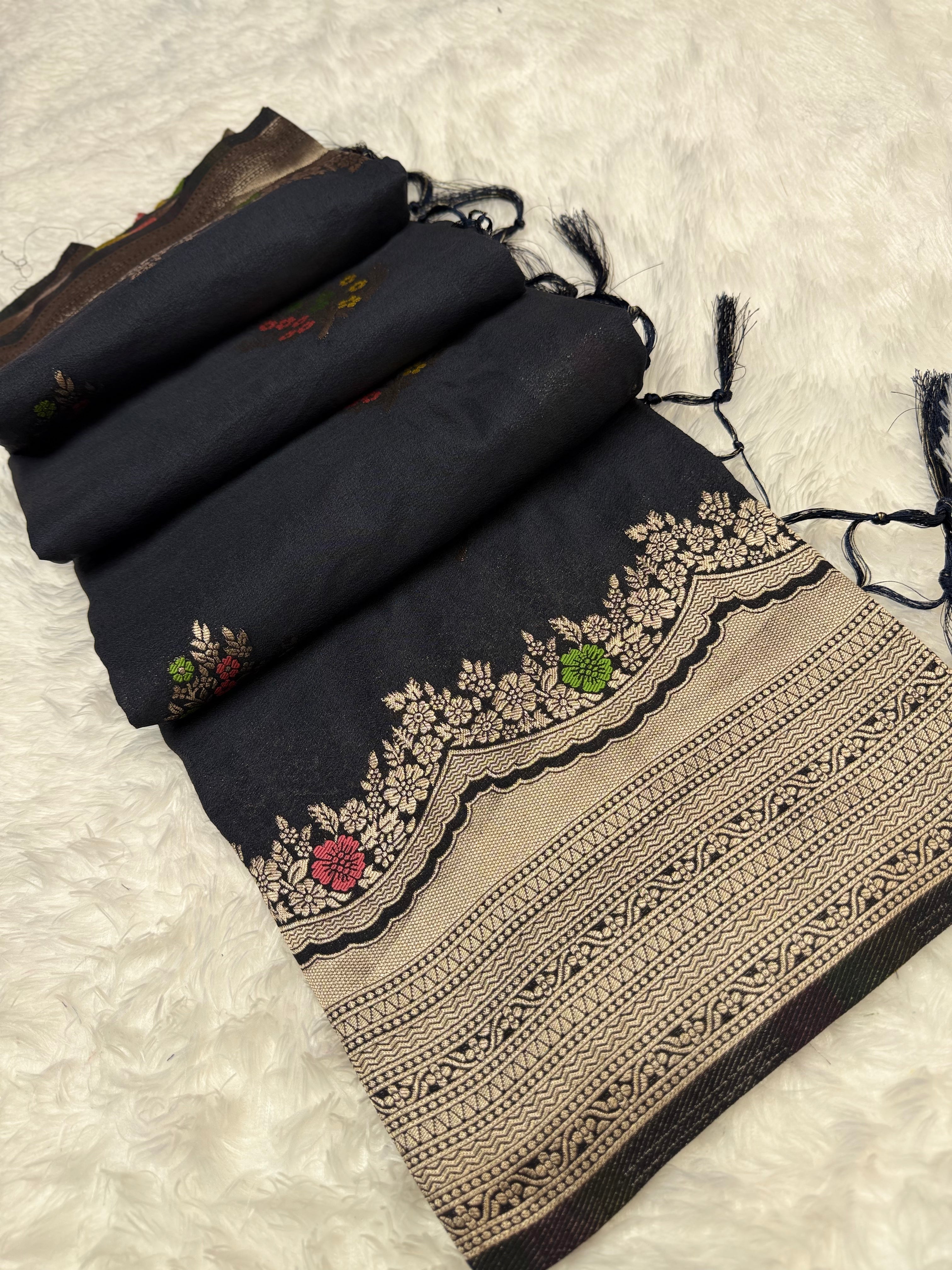 Royal Black Silk Saree with Multicolor Floral Meenakari Weaving & Grand Zari Border