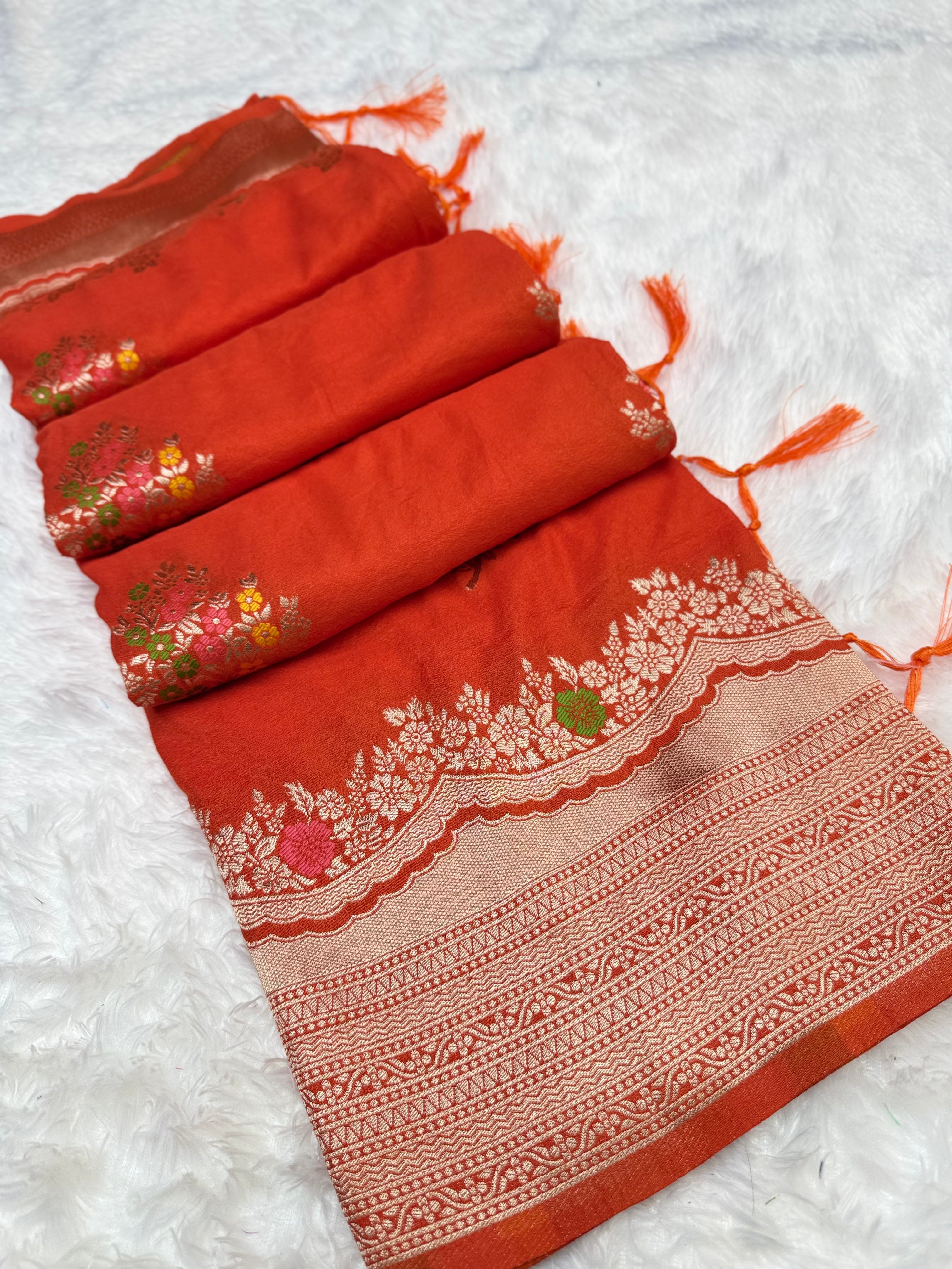 Royal Orange Silk Saree with Multicolor Floral Meenakari Weaving & Grand Zari Border