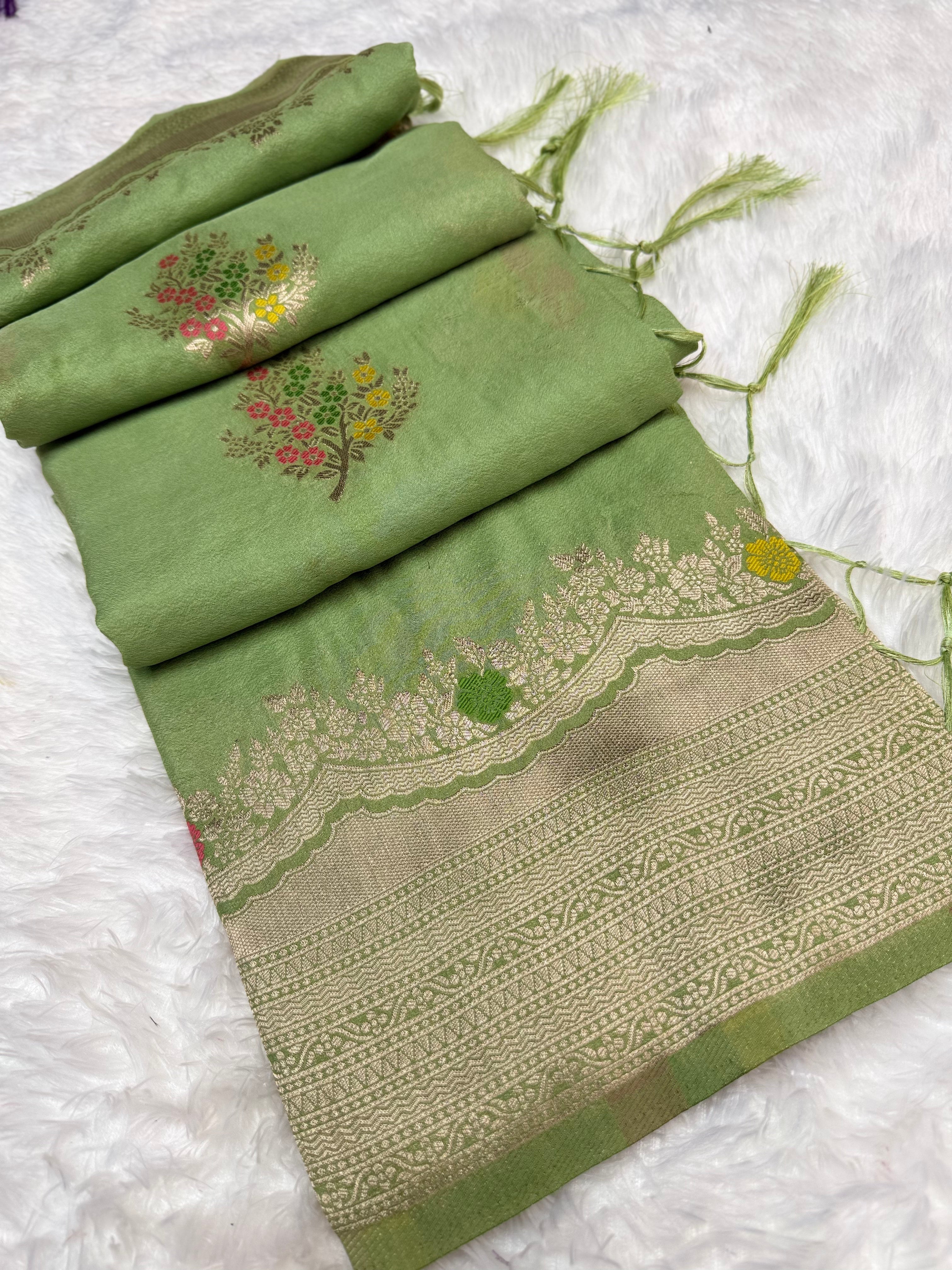 Royal Pista Silk Saree with Multicolor Floral Meenakari Weaving & Grand Zari Border