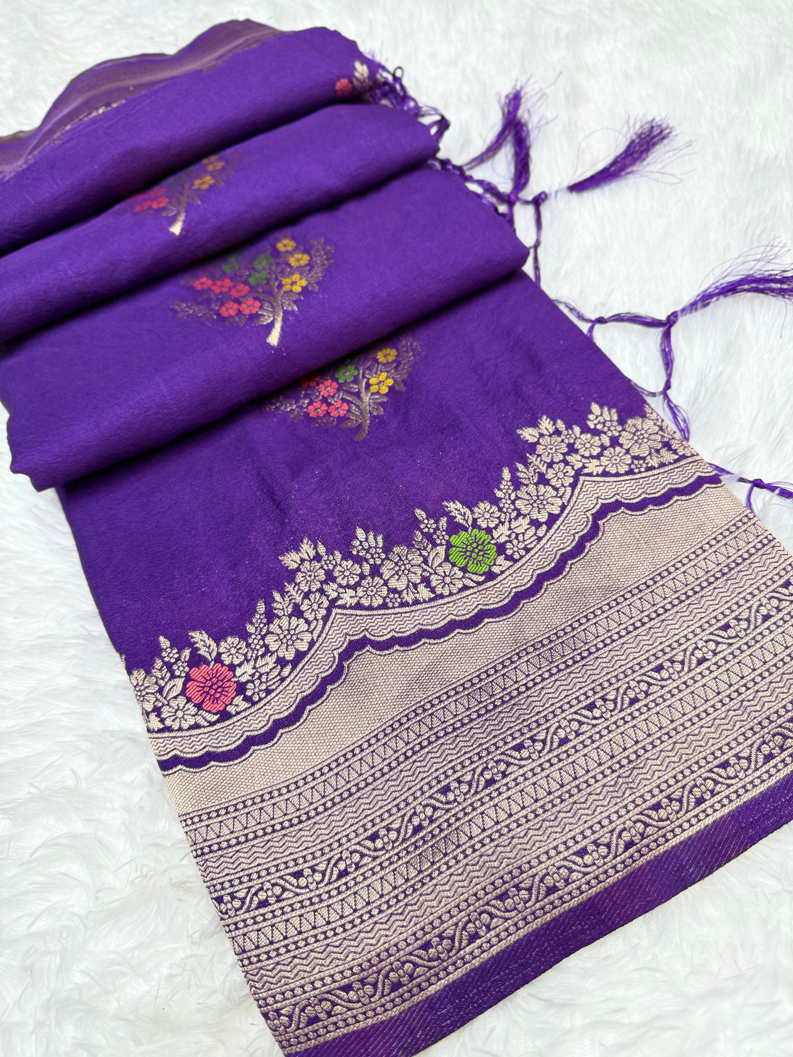 Royal Violet Silk Saree with Multicolor Floral Meenakari Weaving & Grand Zari Border