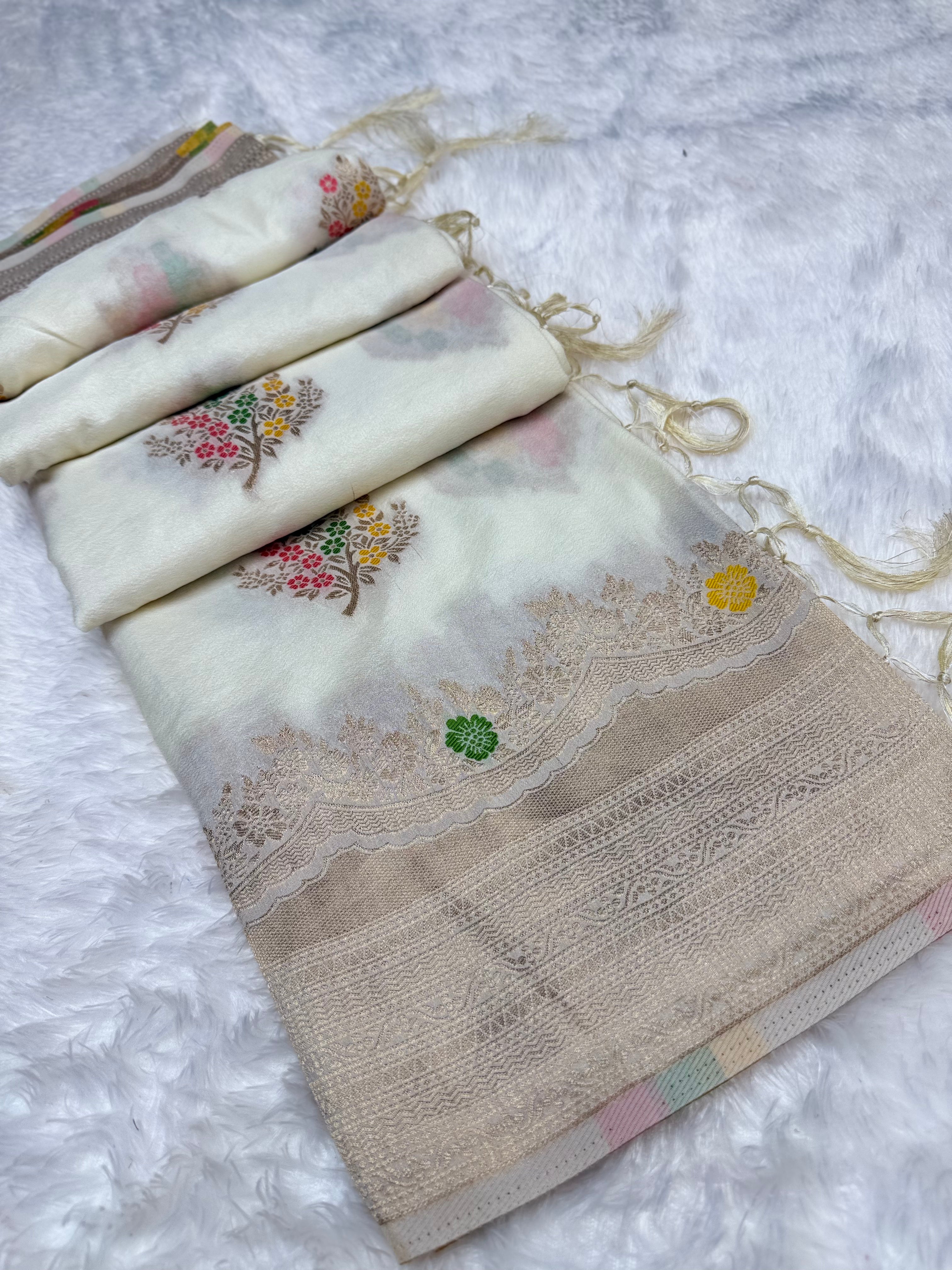 Royal Off White Silk Saree with Multicolor Floral Meenakari Weaving & Grand Zari Border
