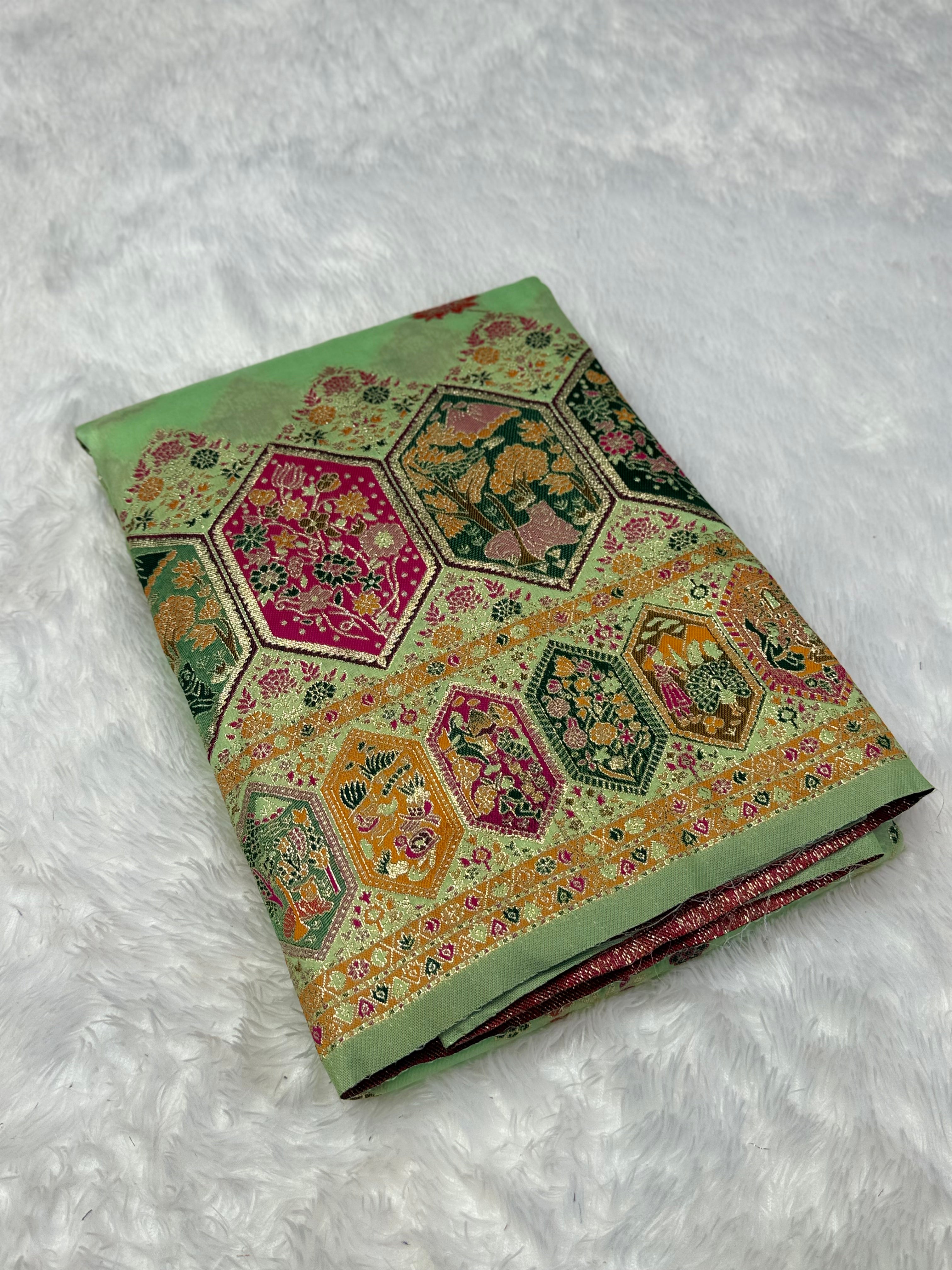 Royal Pista Pashmina Saree with Traditional Narrative Motifs & Designer Meenakari Border