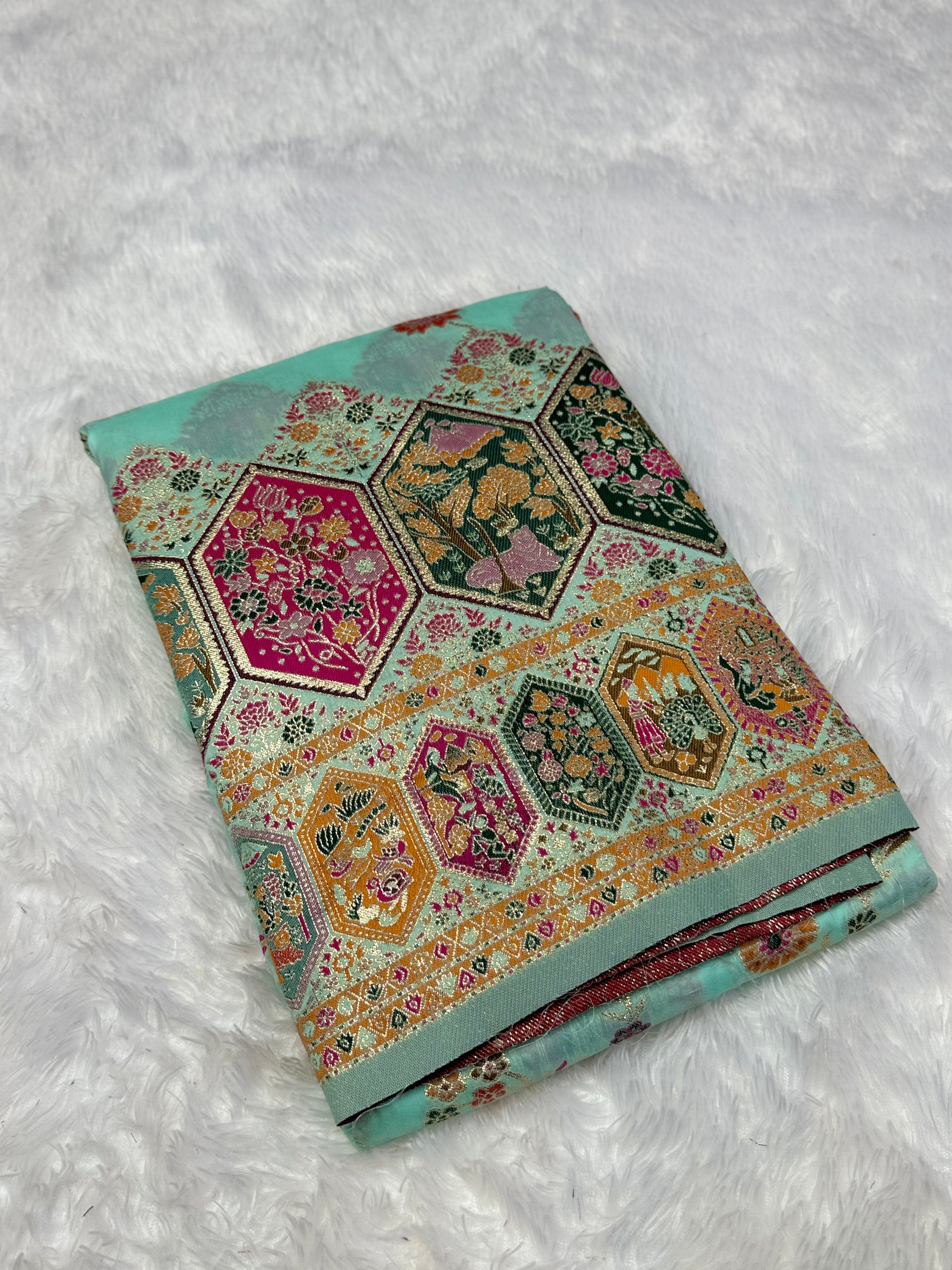 Royal Bottle Green Pashmina Saree with Traditional Narrative Motifs & Designer Meenakari Border