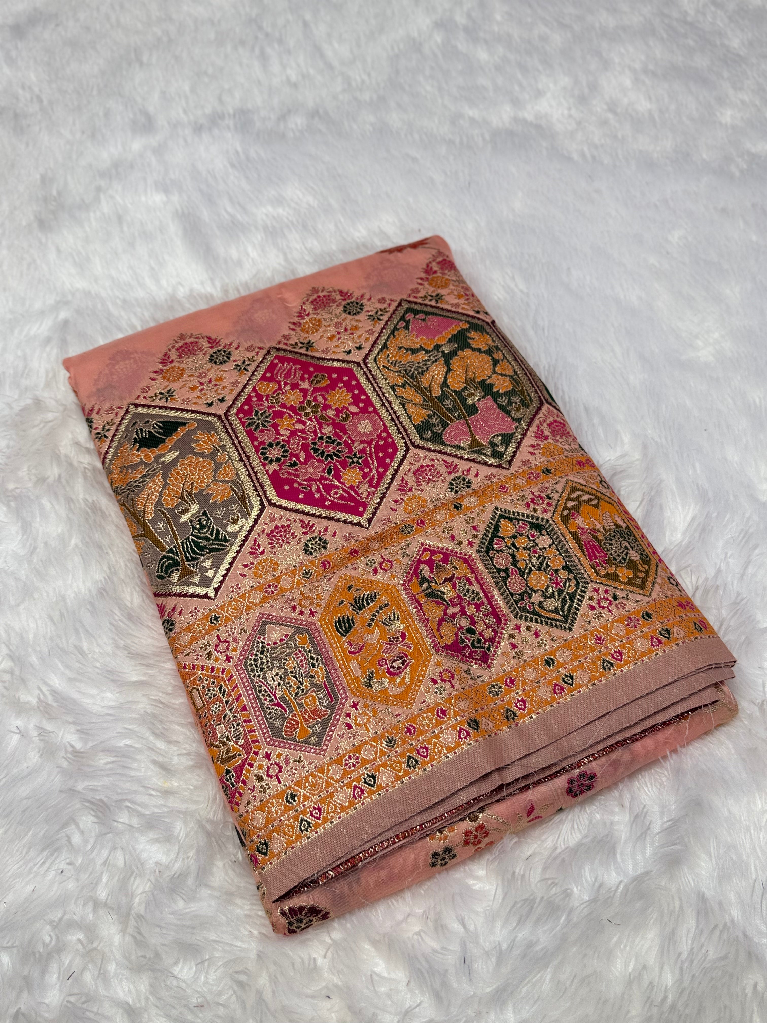 Royal Peach Pashmina Saree with Traditional Narrative Motifs & Designer Meenakari Border