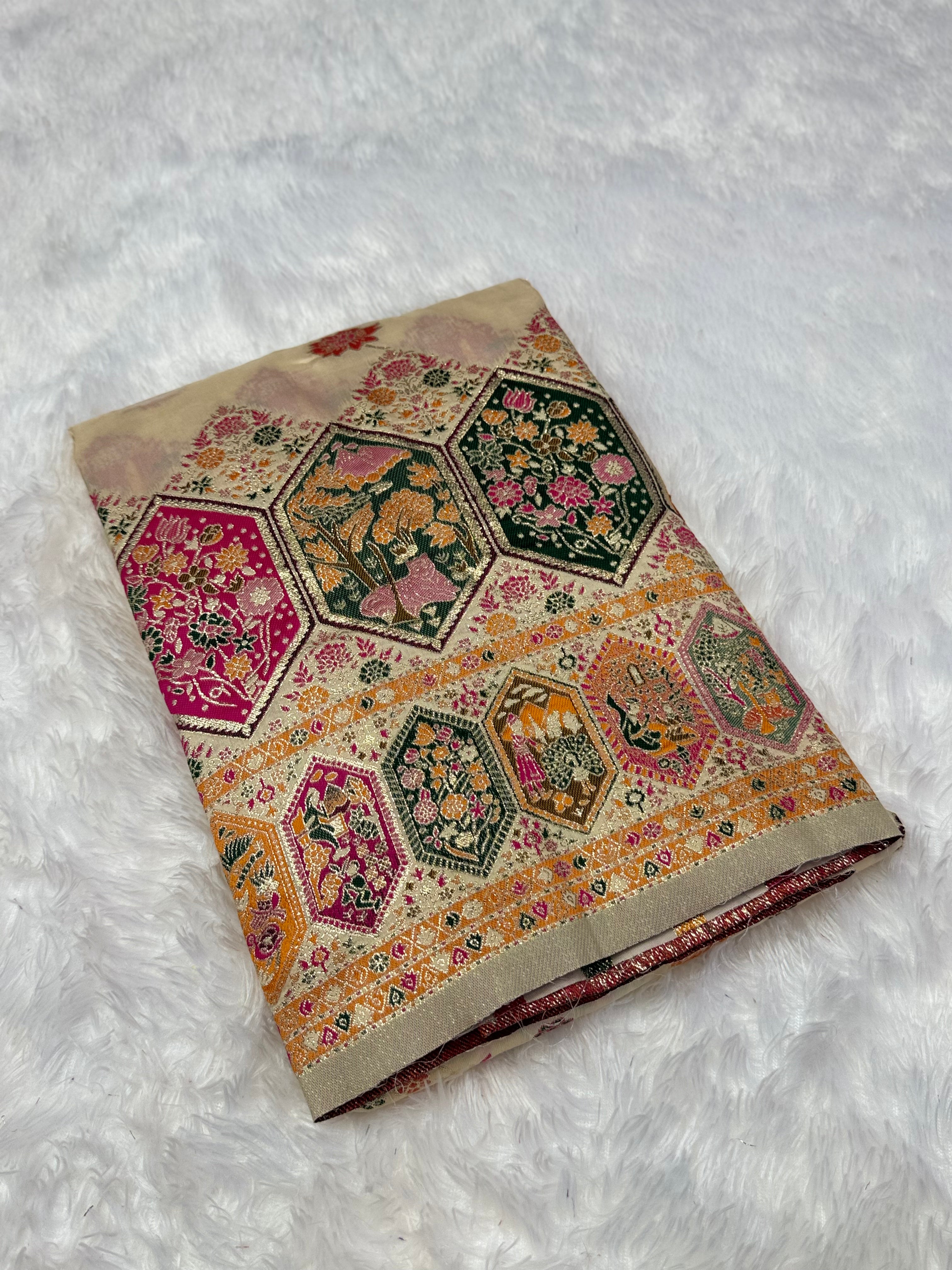 Royal Off White Pashmina Saree with Traditional Narrative Motifs & Designer Meenakari Border
