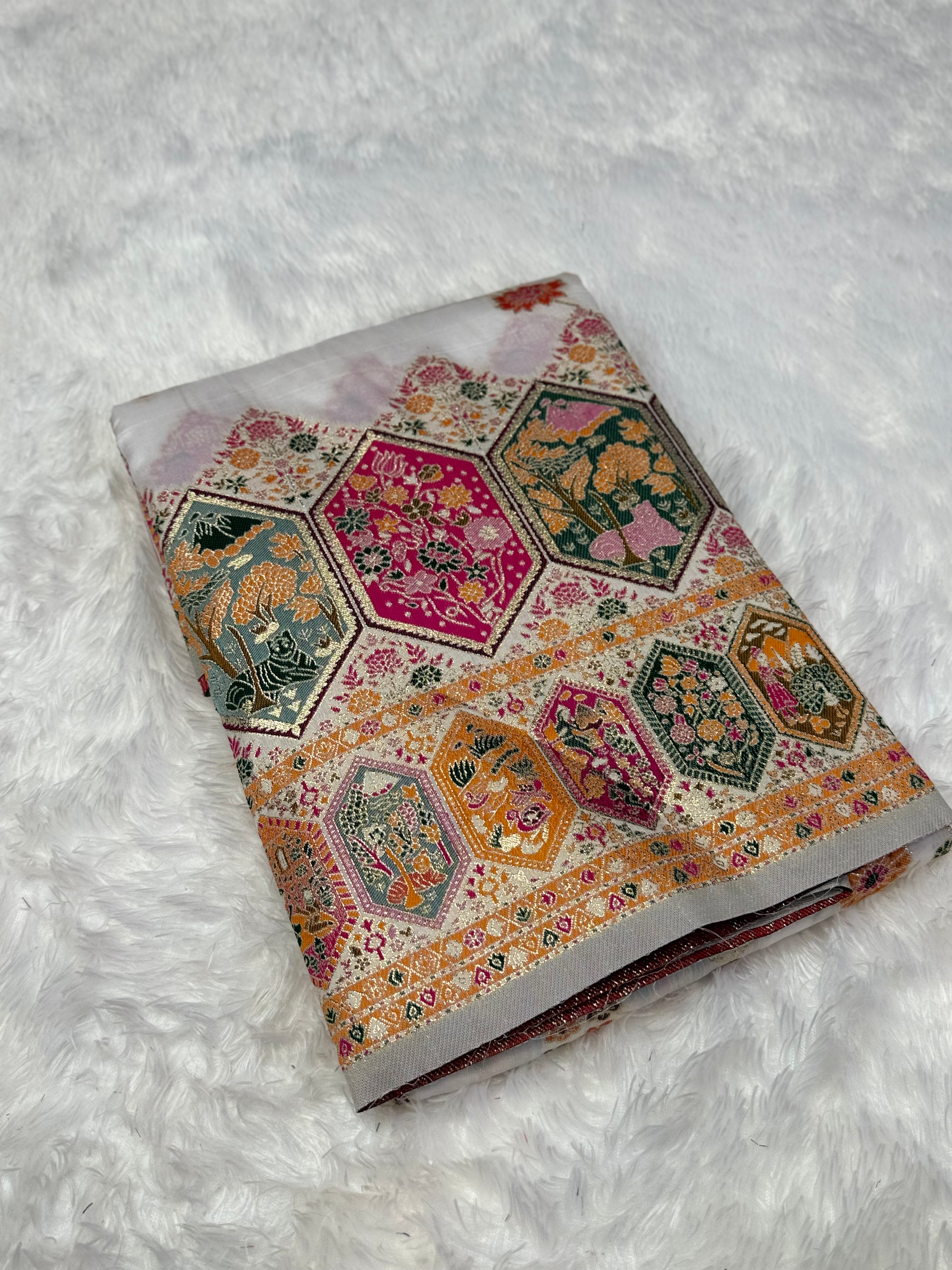 Royal White Pashmina Saree with Traditional Narrative Motifs & Designer Meenakari Border