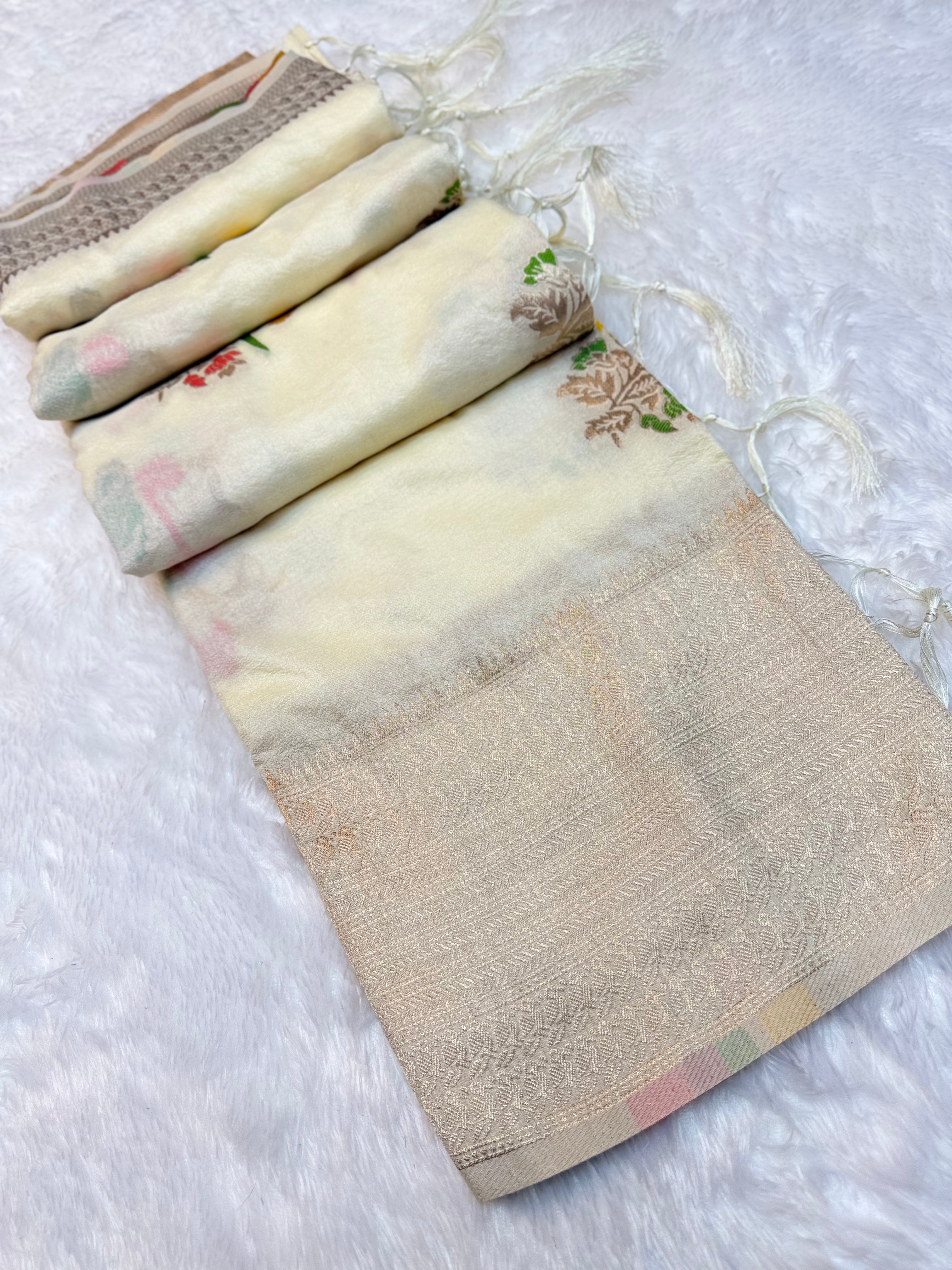 Elegant Off White Silk Saree with Floral Buti Design, Grand Zari Border & Festive Appeal