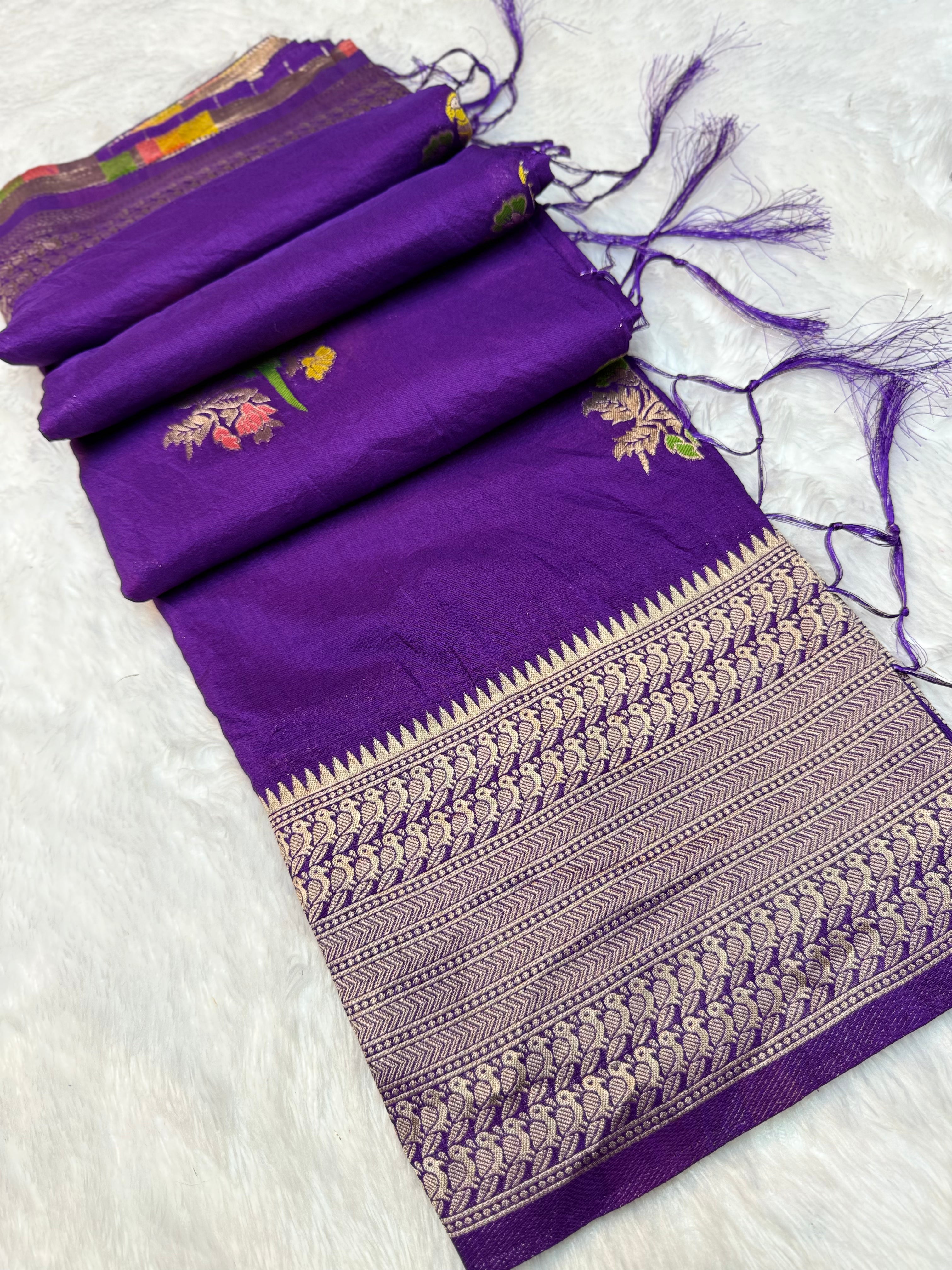 Elegant Purple Silk Saree with Floral Buti Design, Grand Zari Border & Festive Appeal