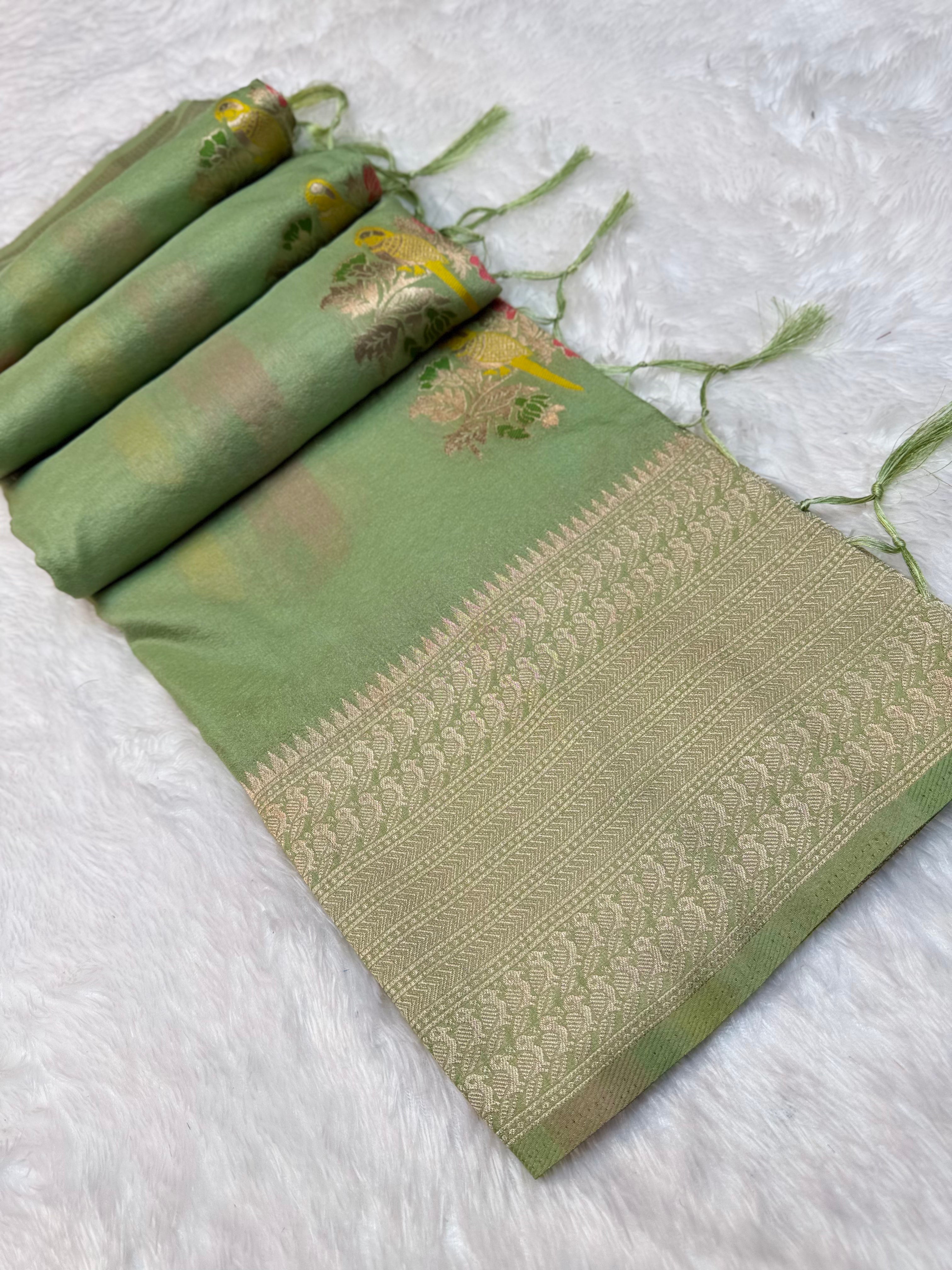 Elegant Pista Silk Saree with Floral Buti Design, Grand Zari Border & Festive Appeal