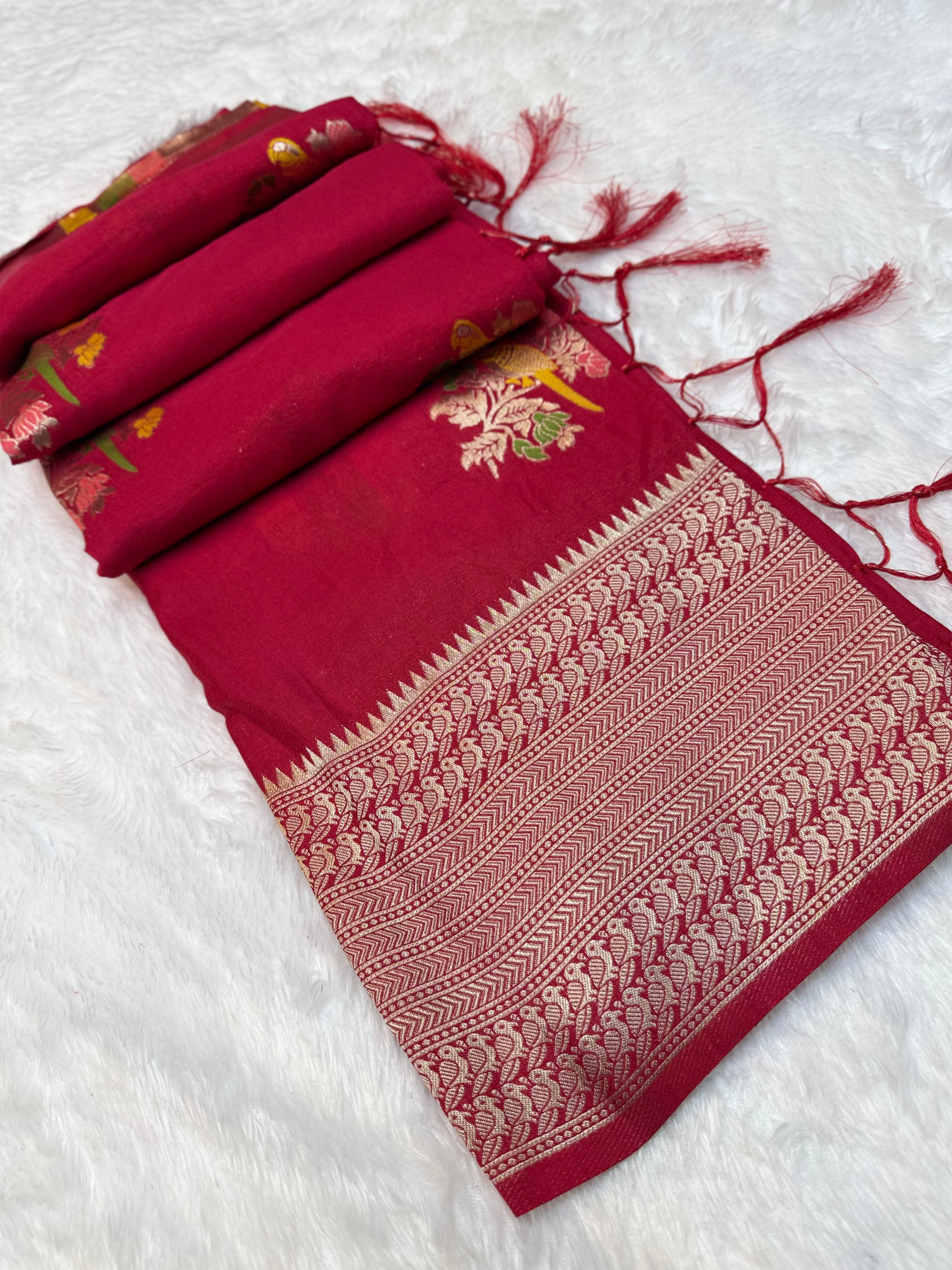 Elegant Red Silk Saree with Floral Buti Design, Grand Zari Border & Festive Appeal