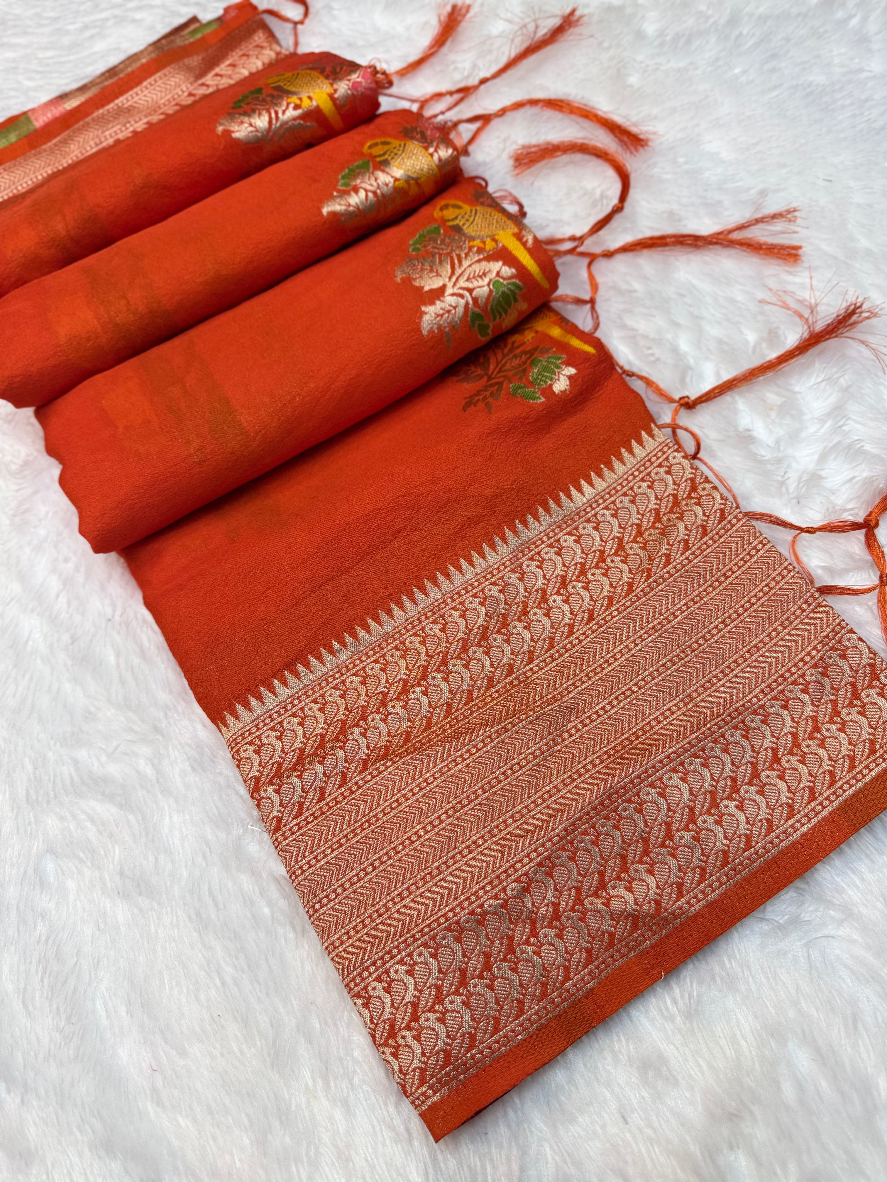 Elegant Orange Silk Saree with Floral Buti Design, Grand Zari Border & Festive Appeal