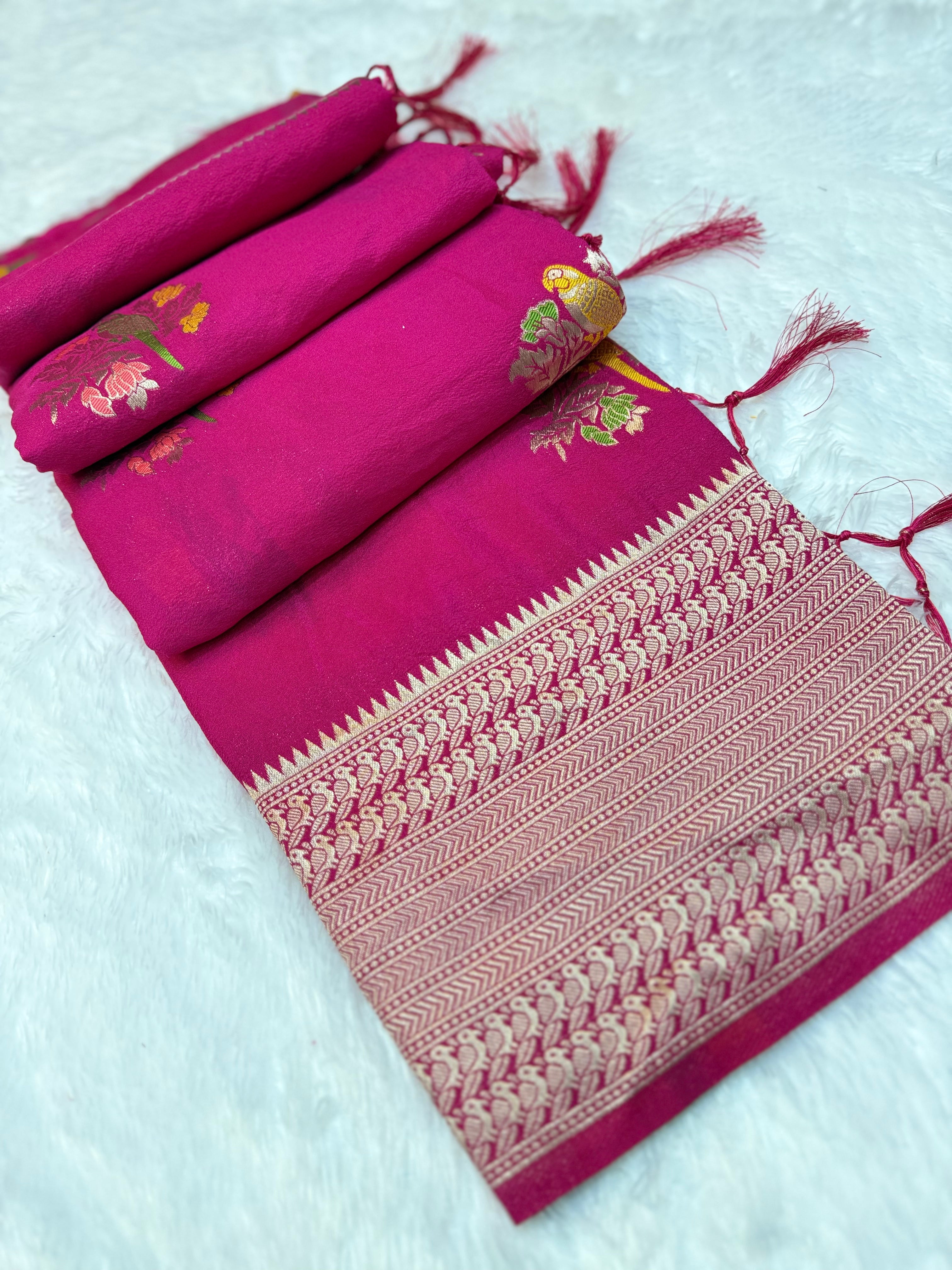 Elegant Rani Pink Silk Saree with Floral Buti Design, Grand Zari Border & Festive Appeal