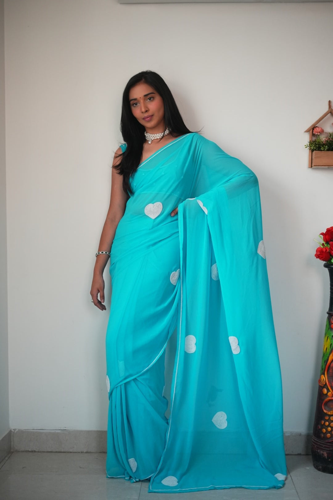 Sky Colour 1-Min Georgette Ready To Wear Saree With Blouse Piece