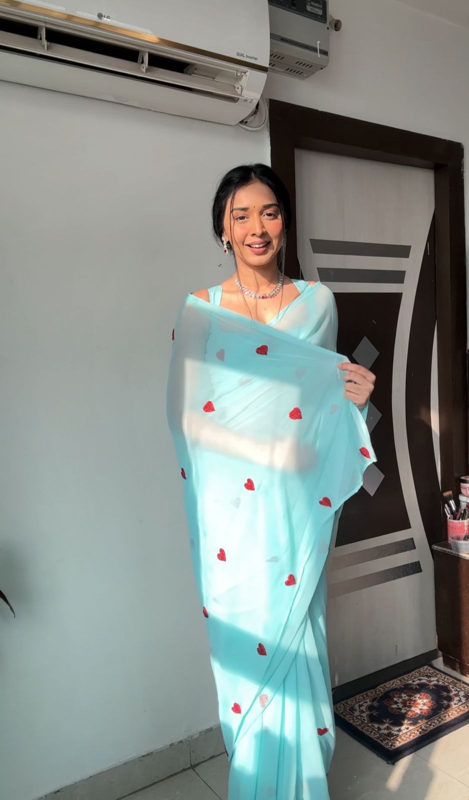 Enamoring 1-Minute Ready To Wear Sky Georgette Saree