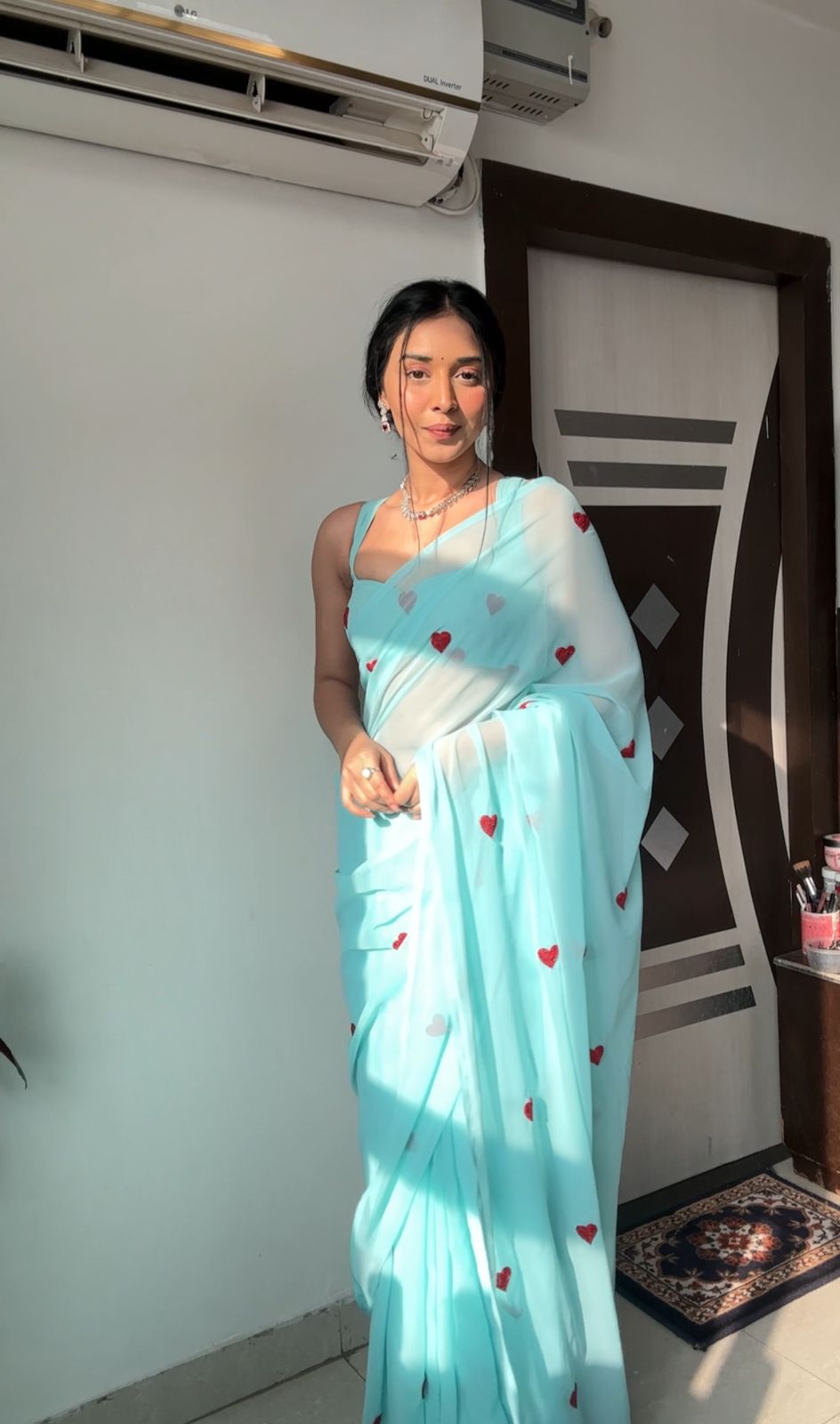 Enamoring 1-Minute Ready To Wear Sky Georgette Saree