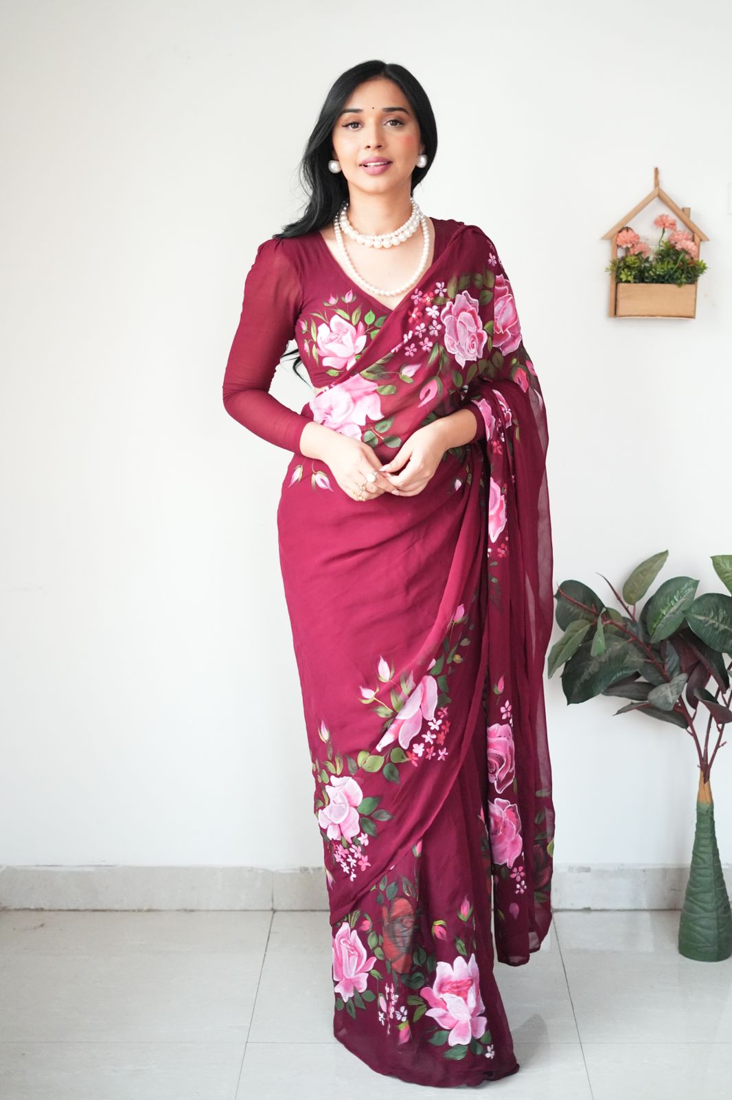 Gossamer 1-Minute Ready To Wear Maroon Georgette Saree