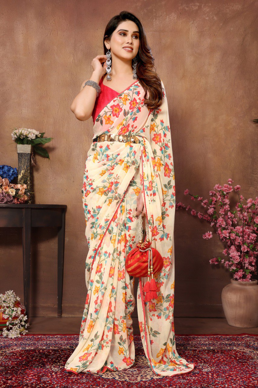 Enamoring 1-Minute Ready To Wear Beige Georgette Saree