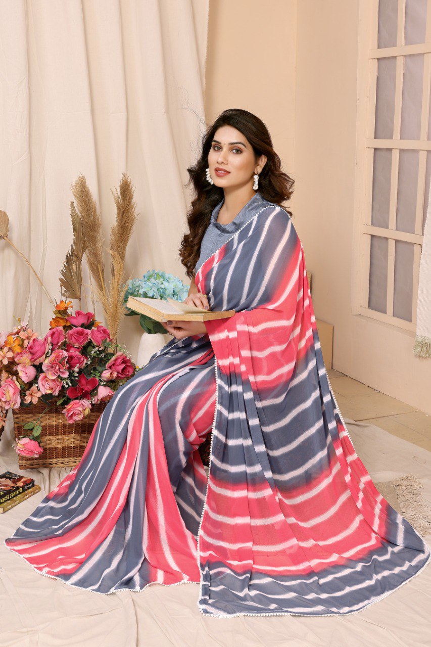 Stylish 1-Minute Ready To Wear Grey and Pink Georgette Saree