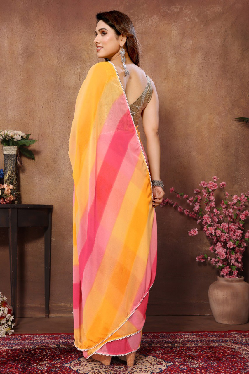 Traditional 1-Minute Ready To Wear Yellow and Pink Georgette Saree