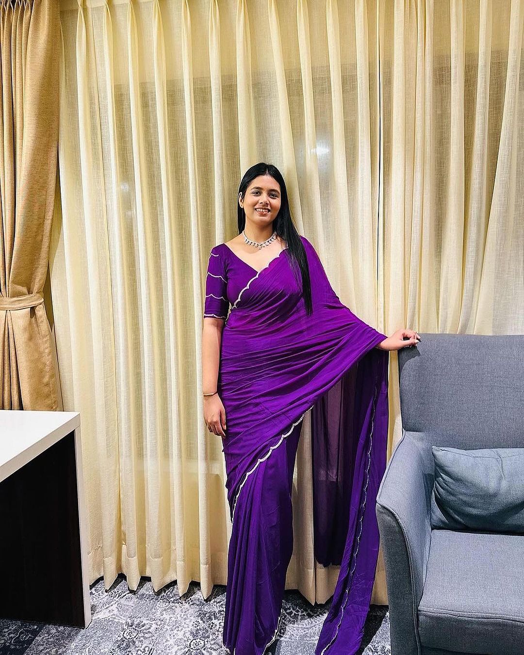 Violet Color Crepe Silk Saree With Handwork