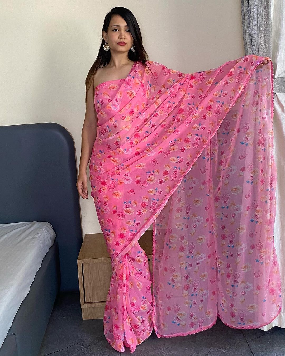 Flattering 1-Minute Ready To Wear Pink Georgette Saree