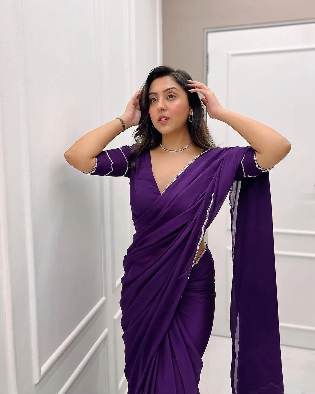 Violet Color Crepe Silk Saree With Handwork