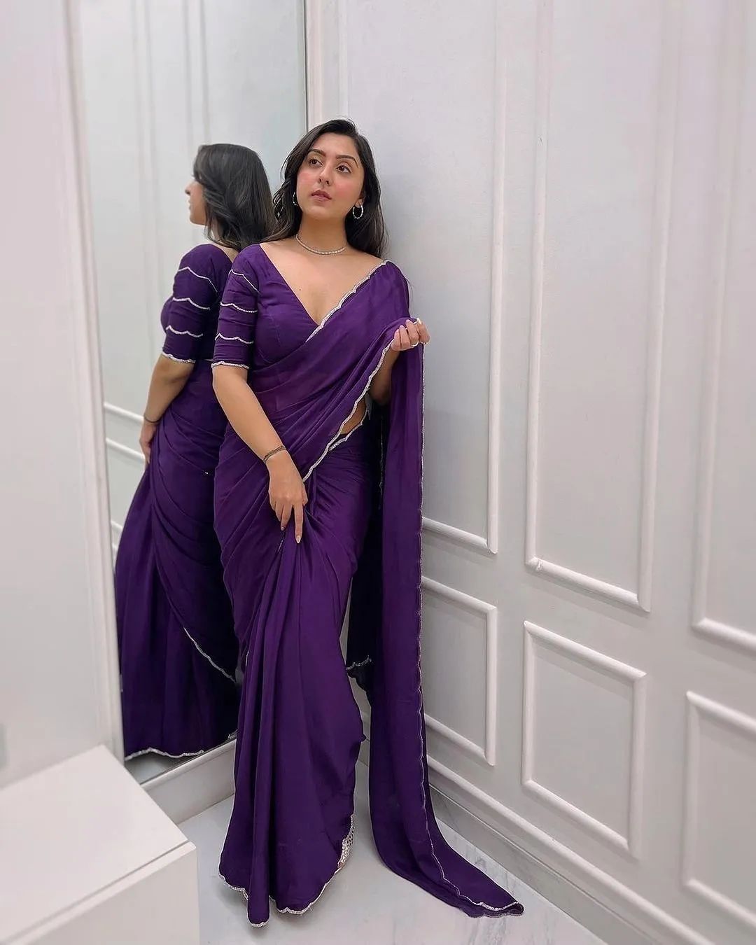 Violet Color Crepe Silk Saree With Handwork