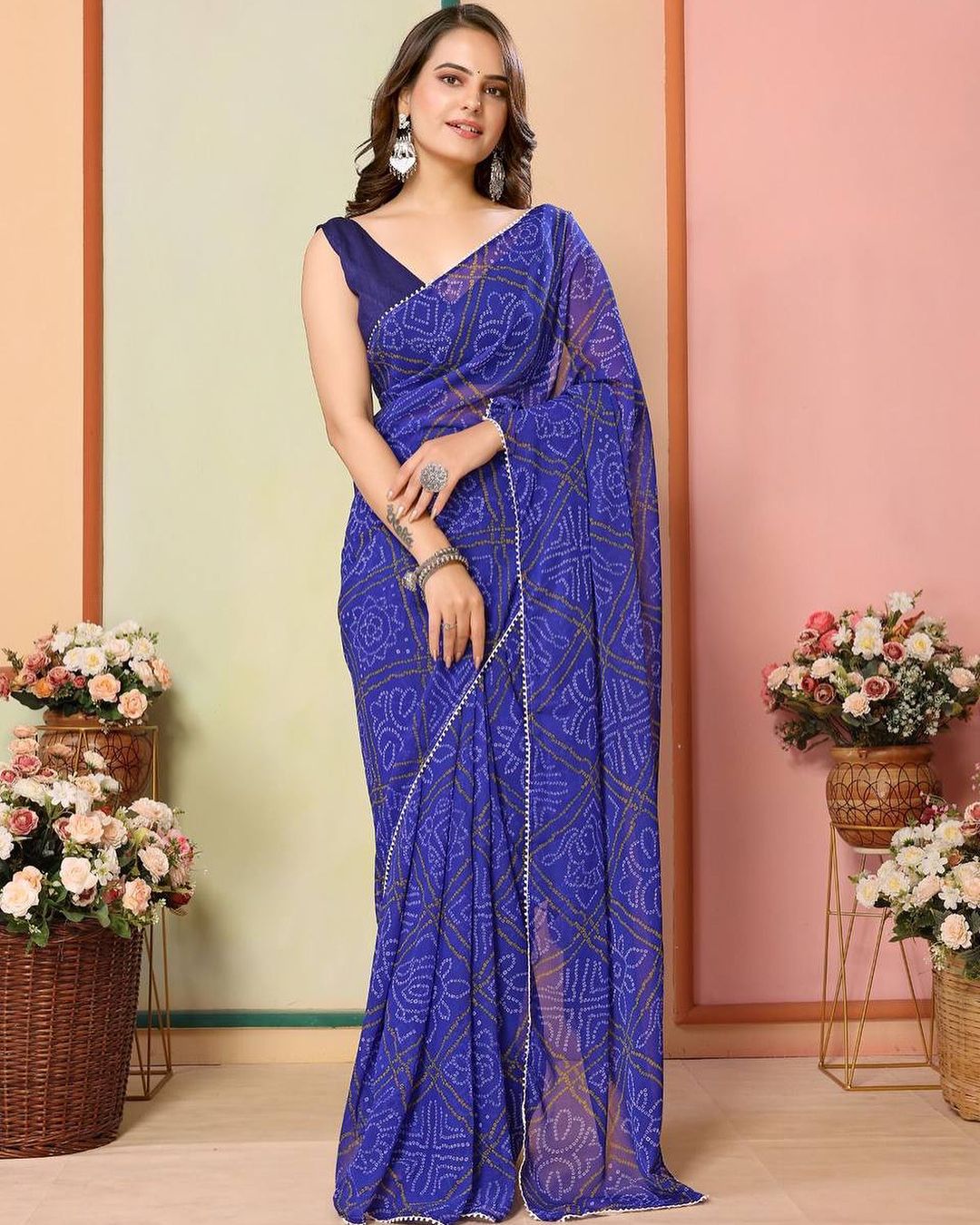 Delightful 1-Minute Ready To Wear Blue Bandhani Georgette Saree