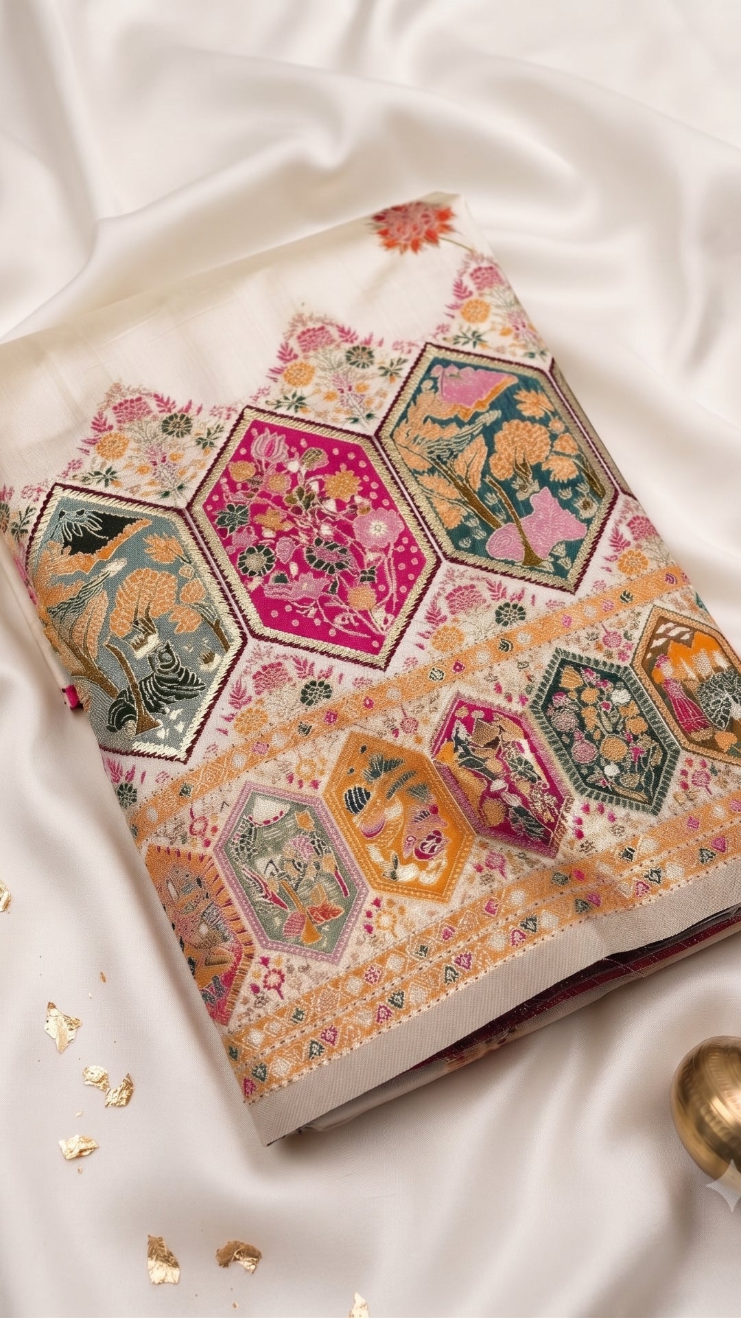 Royal White Pashmina Saree with Traditional Narrative Motifs & Designer Meenakari Border