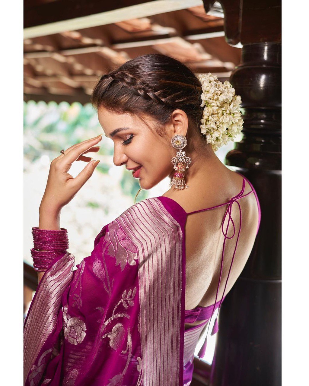 Purple Color Georgette Floral Litchi Silk Saree With Blouse Piece