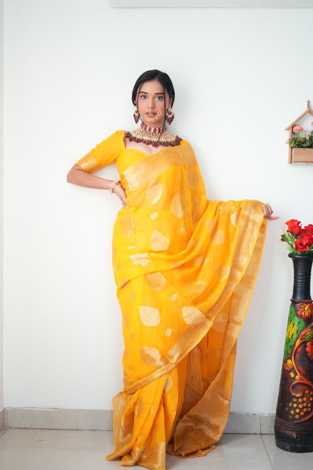 Yellow Golden Weaving Work Saree With Blouse piece