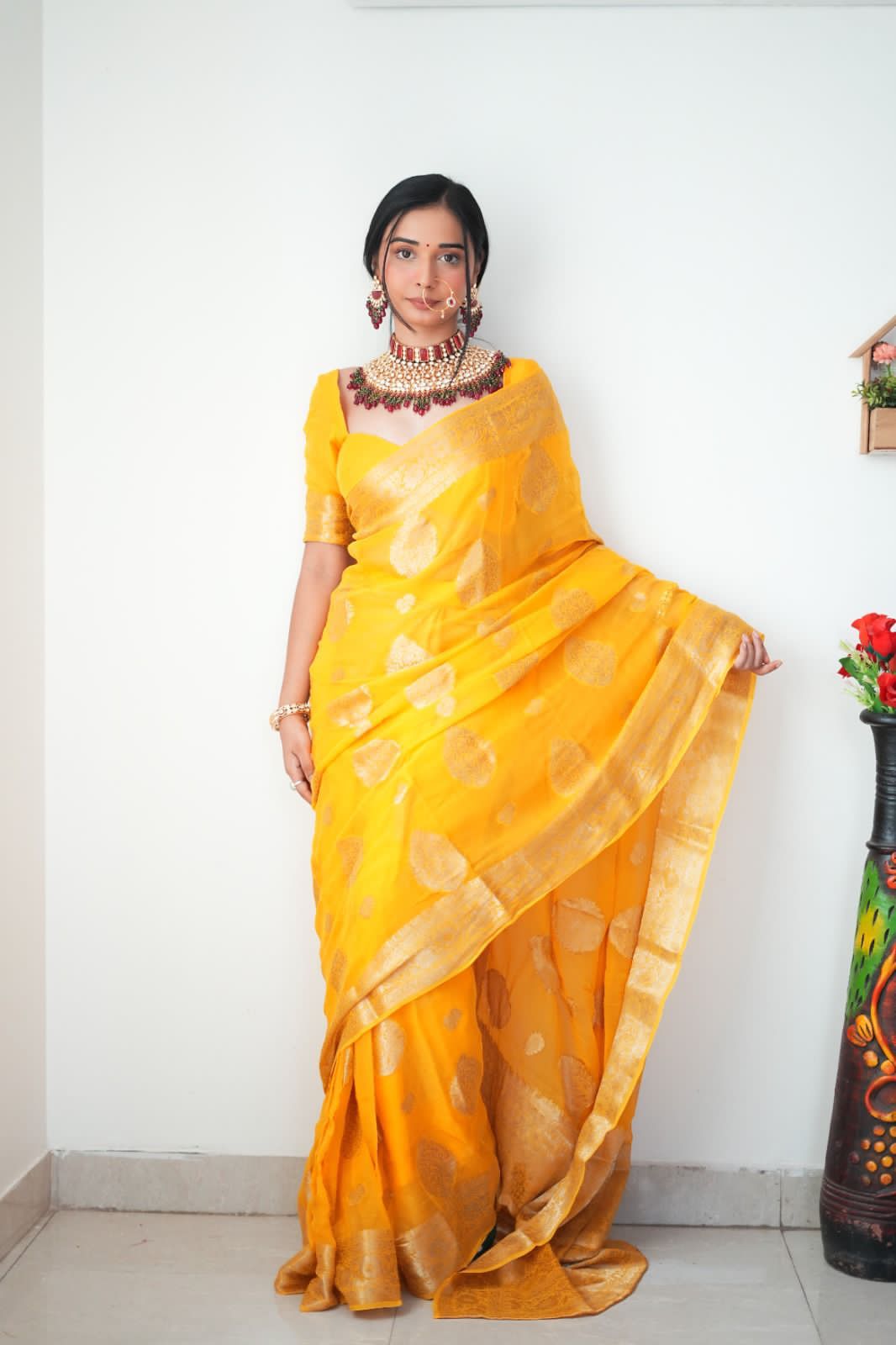 Yellow Golden Weaving Work Saree With Blouse piece