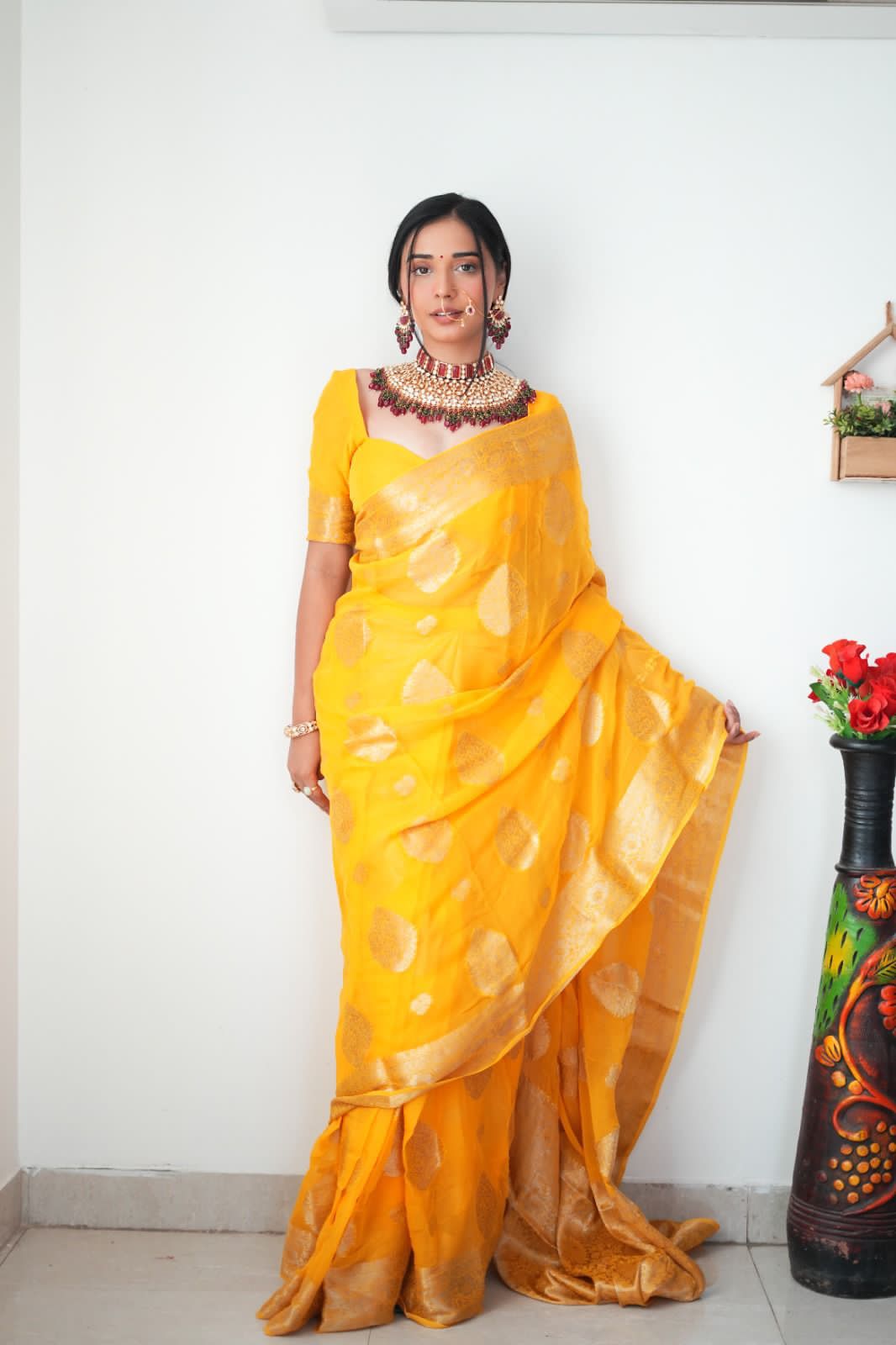 Yellow Golden Weaving Work Saree With Blouse piece