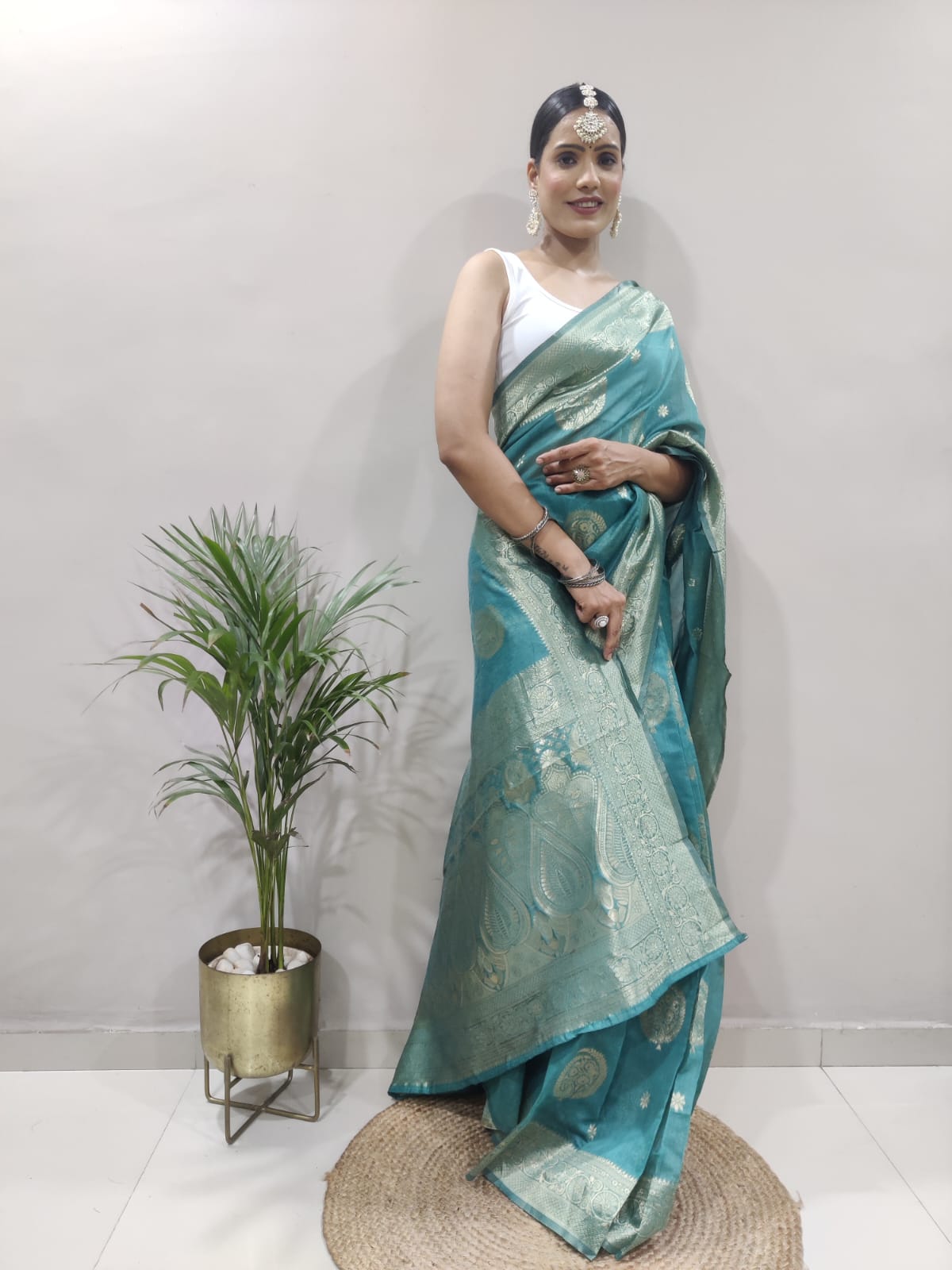 Aqua Green Colour 1-Min Jacquard Ready To Wear Saree With Blouse Piece