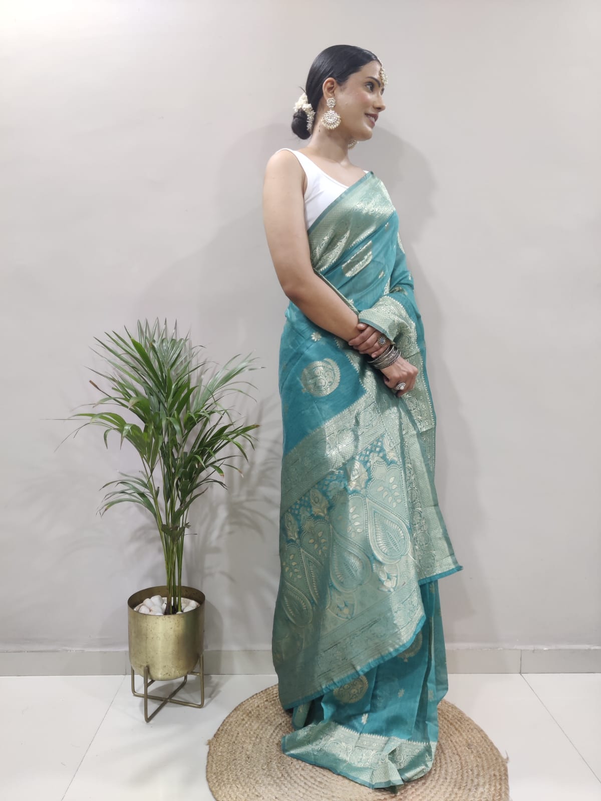 Aqua Green Colour 1-Min Jacquard Ready To Wear Saree With Blouse Piece