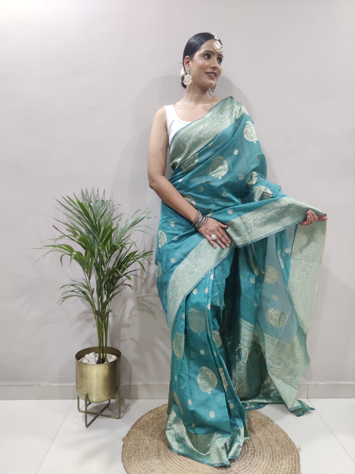 Aqua Green Colour 1-Min Jacquard Ready To Wear Saree With Blouse Piece