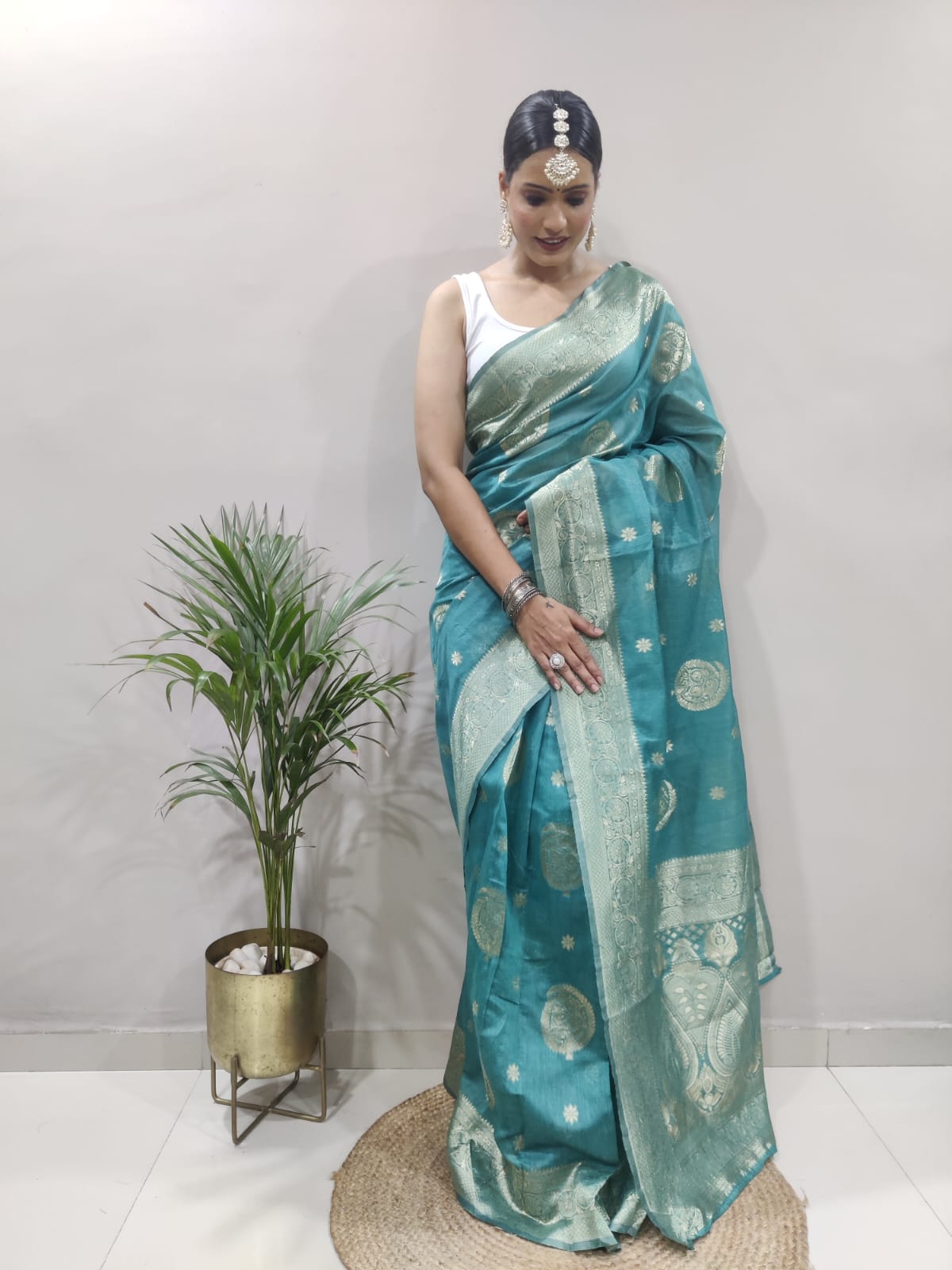 Aqua Green Colour 1-Min Jacquard Ready To Wear Saree With Blouse Piece