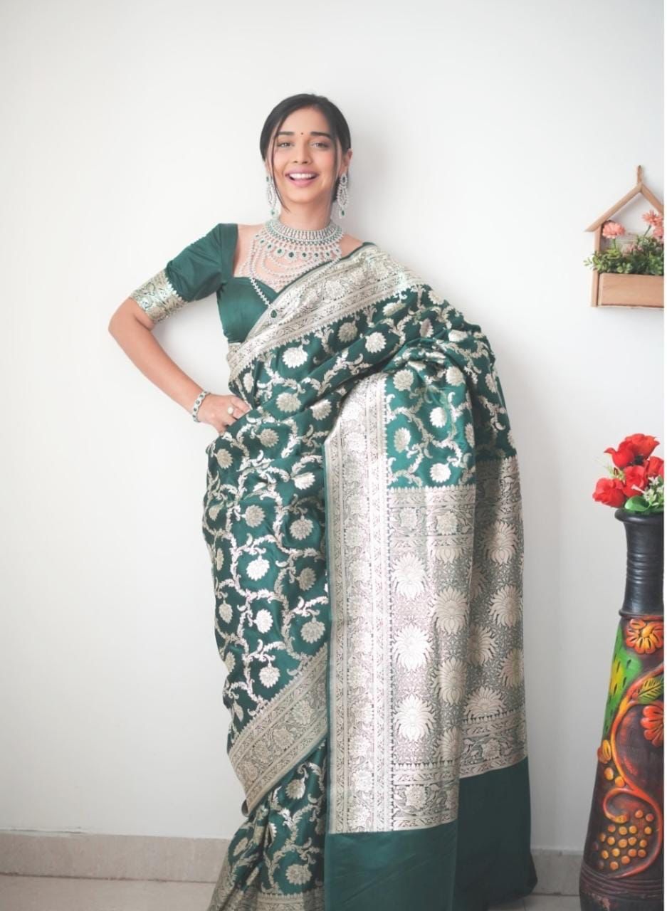 Green Colour 1-Min Jacquard Ready To Wear Saree With Blouse Piece