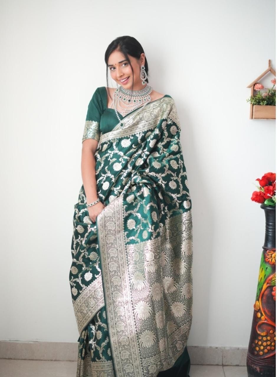 Green Colour 1-Min Jacquard Ready To Wear Saree With Blouse Piece