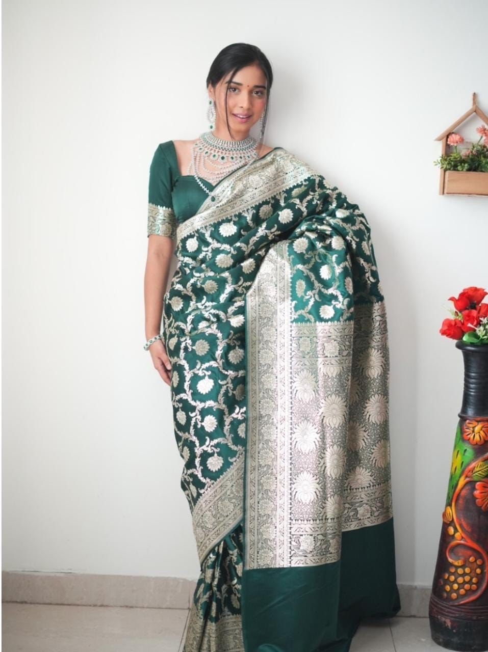 Green Colour 1-Min Jacquard Ready To Wear Saree With Blouse Piece